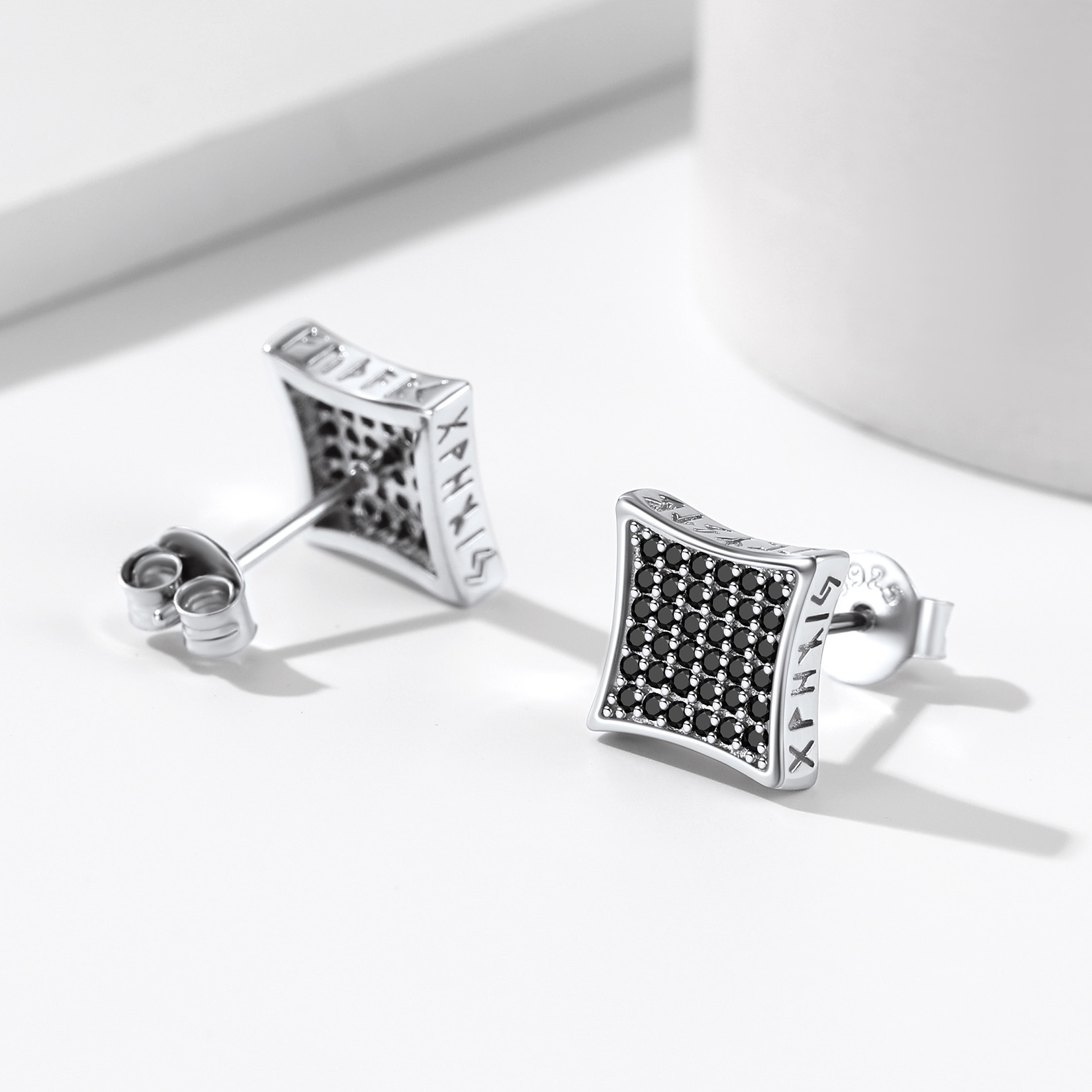 Square Viking Rune Stud Earrings with CZ, Sterling Silver-02