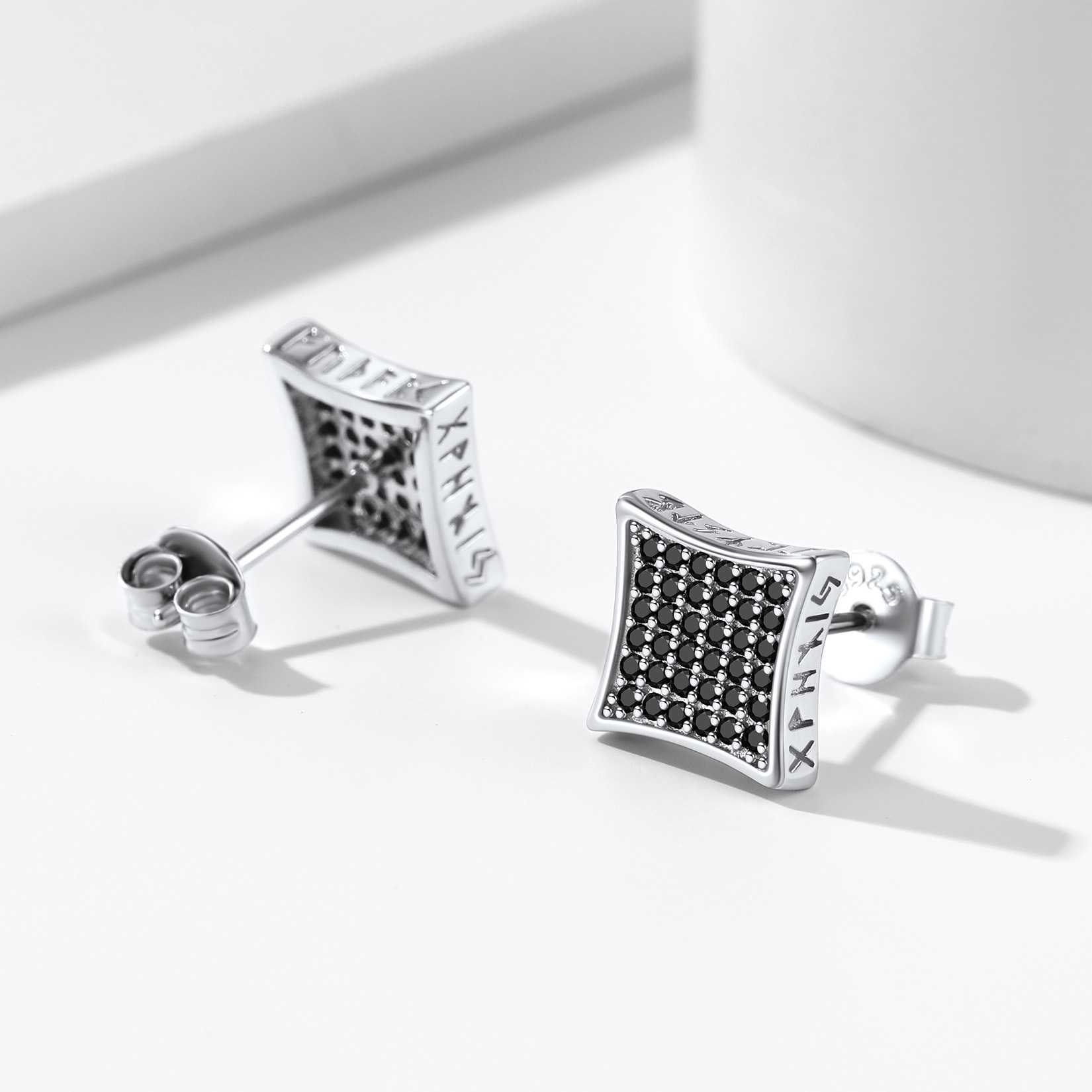 Square Viking Rune Stud Earrings with CZ, Sterling Silver-02