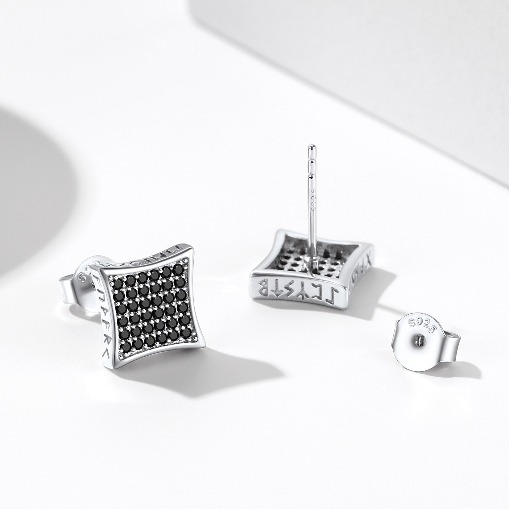 Square Viking Rune Stud Earrings with CZ, Sterling Silver-03