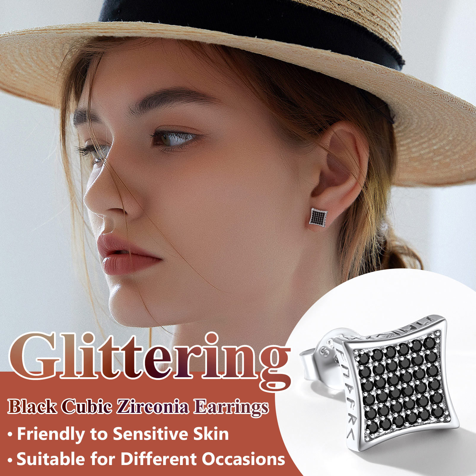 Square Viking Rune Stud Earrings with CZ, Viking Jewelry