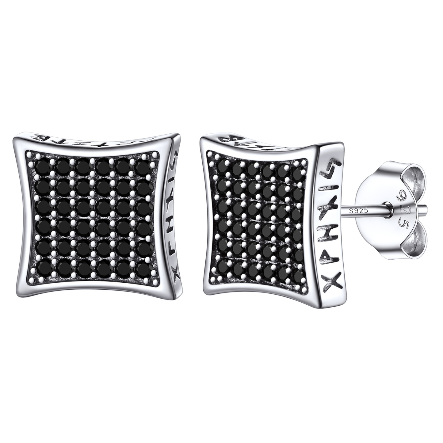 Square Viking Rune Stud Earrings with CZ in Silver