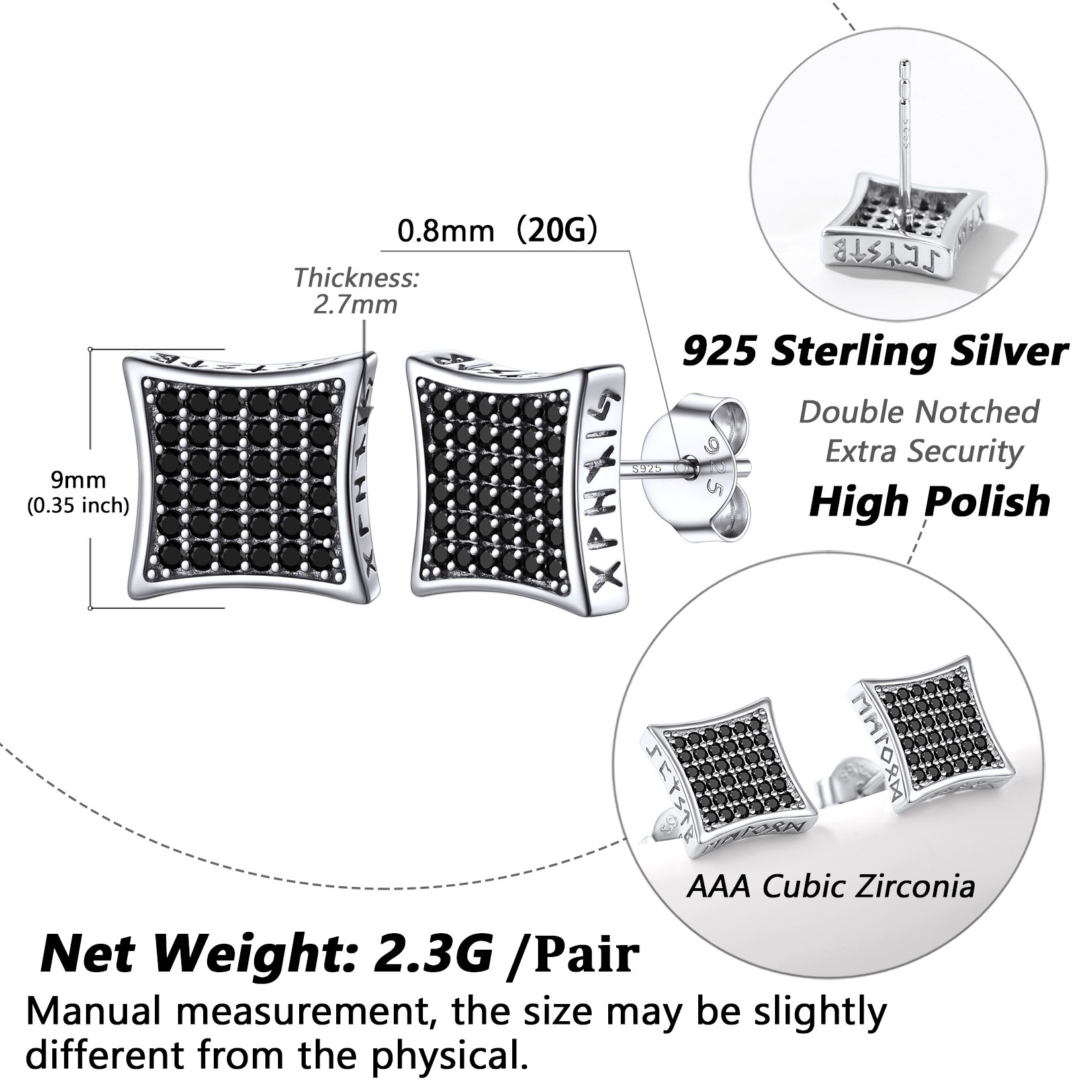 Square Viking Rune Stud with CZ Details-Earrings Size, Weight