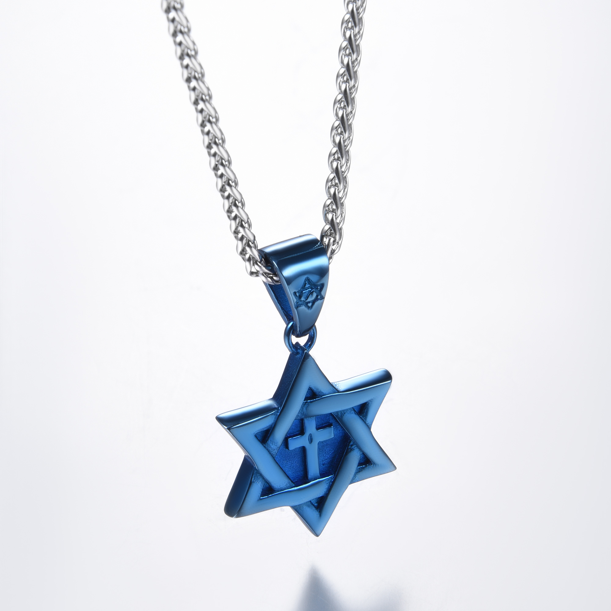 Star of David with Cross Pendant Necklace, Blue Plated-01		