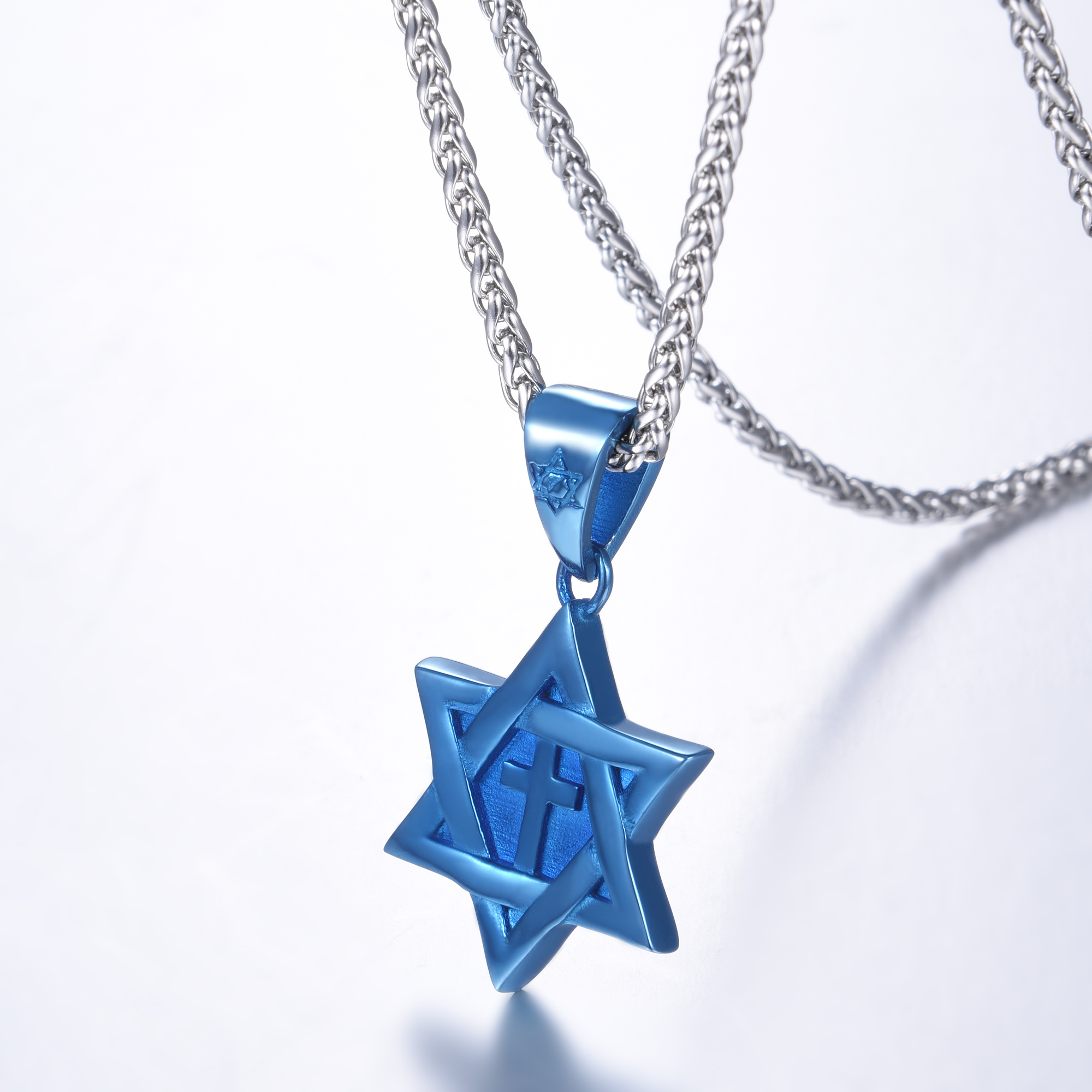 Star of David with Cross Pendant Necklace, Blue Plated-02		