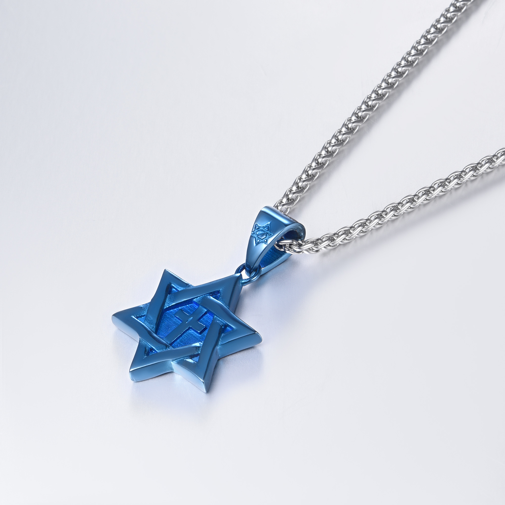 Star of David with Cross Pendant Necklace, Blue Plated-03		