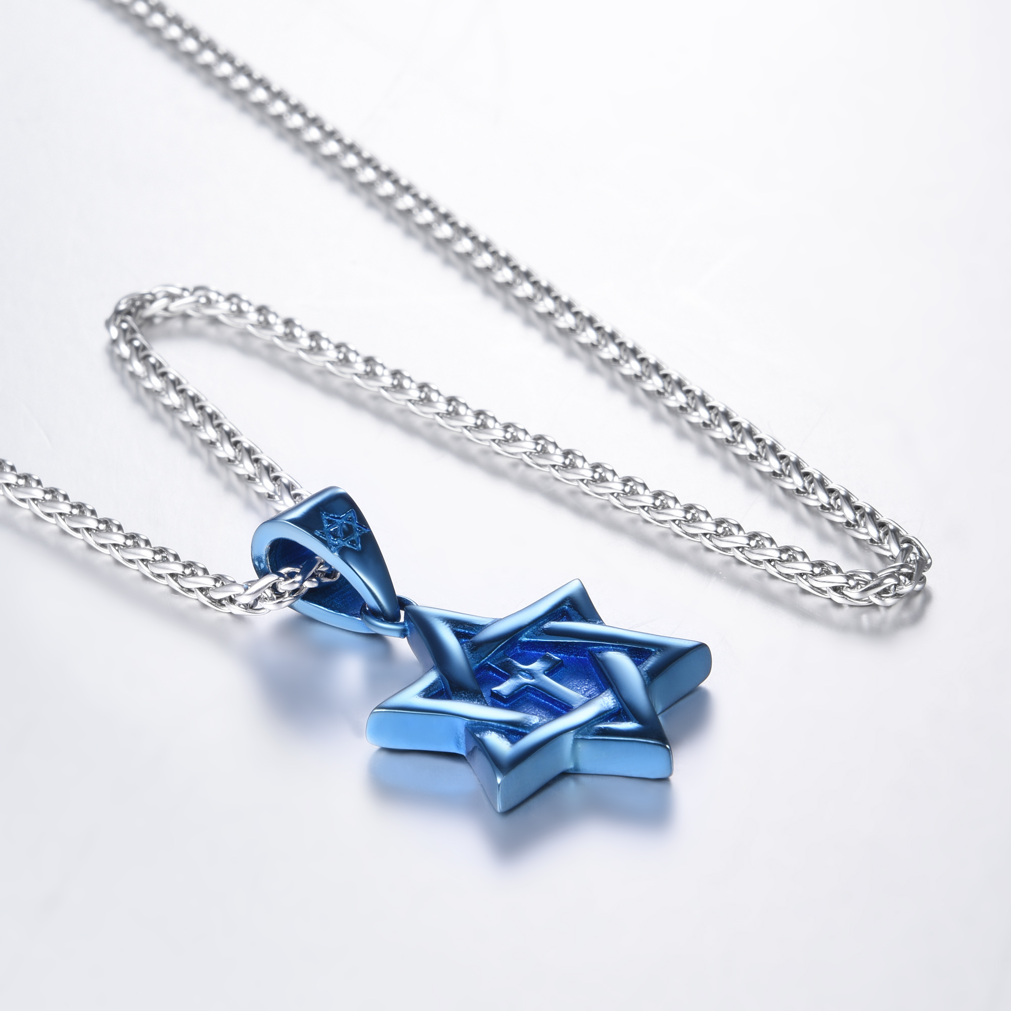 Star of David with Cross Pendant Necklace, Blue Plated-04		