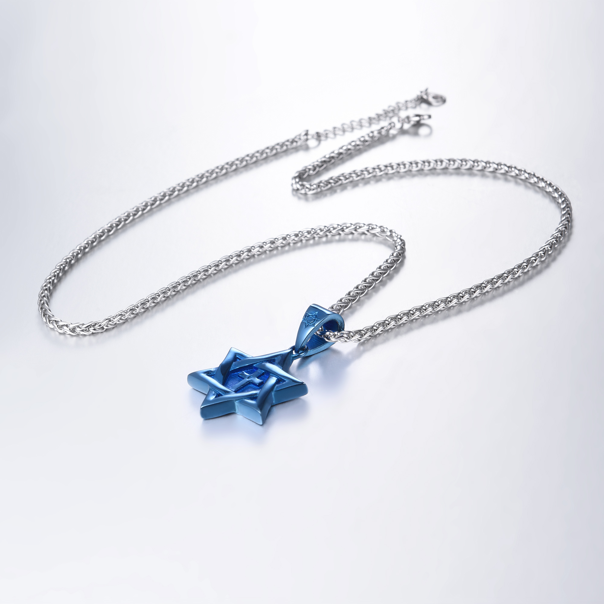 Star of David with Cross Pendant Necklace, Blue Plated-05		