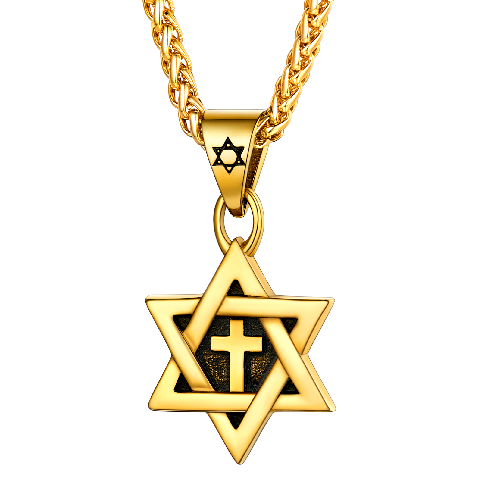 Star of David with Cross Pendant Necklace in 18K Gold Plated