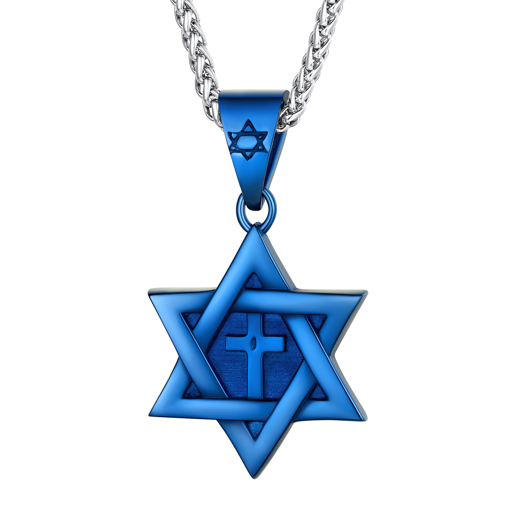 Star of David with Cross Pendant Necklace in Blue Plated		