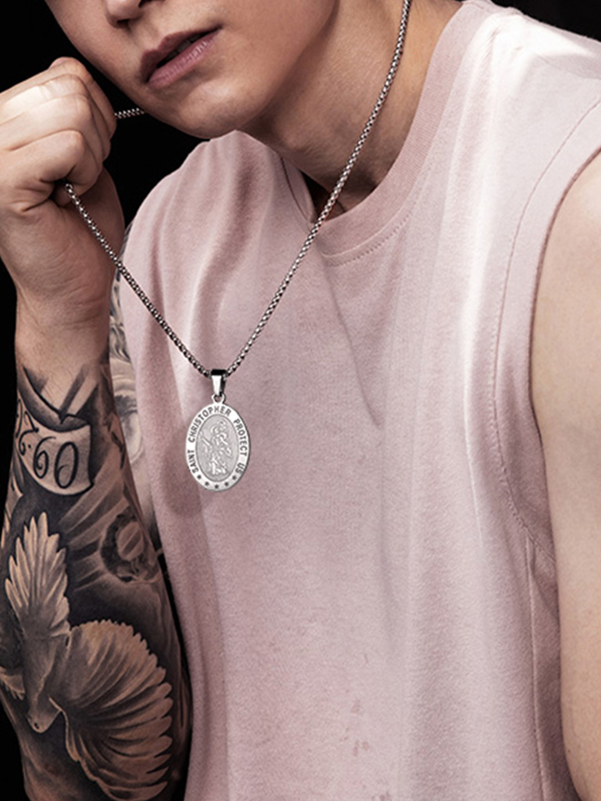 Saint Christopher Pendant Oval Medal Necklace in Stainless Plated