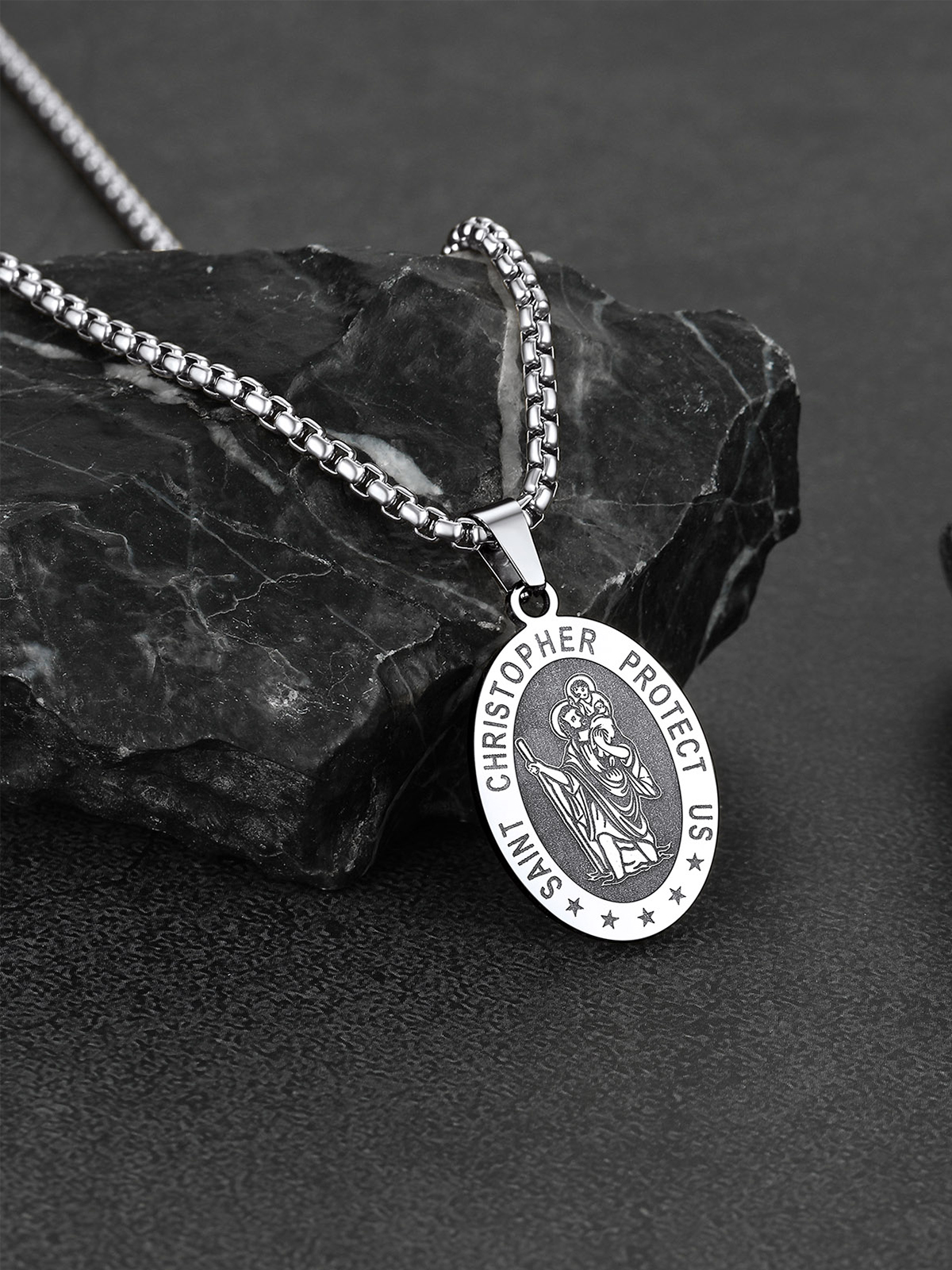 Saint Christopher Pendant Oval Medal Necklace in Stainless Plated