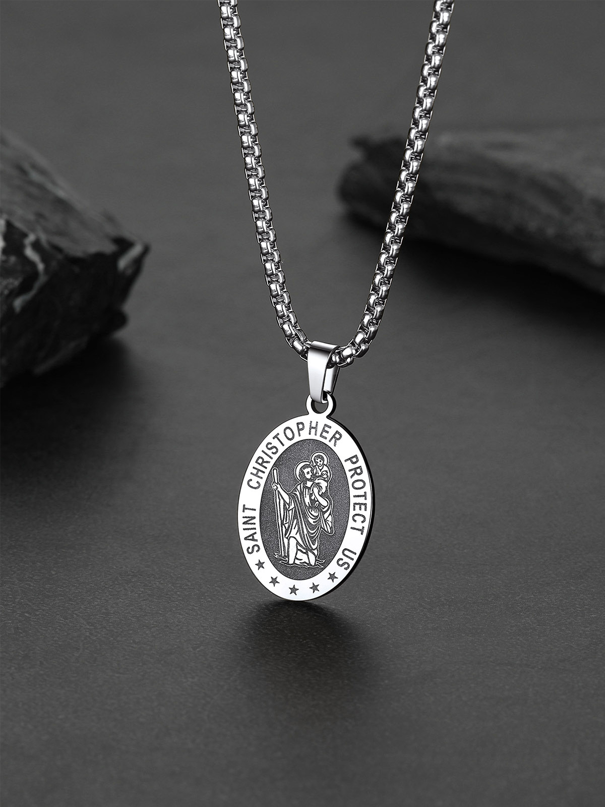 Saint Christopher Pendant Oval Medal Necklace in Stainless Plated