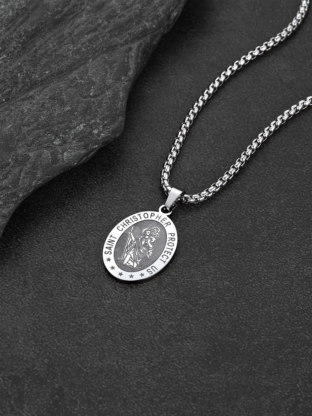 Saint Christopher Pendant Oval Medal Necklace in Stainless Plated