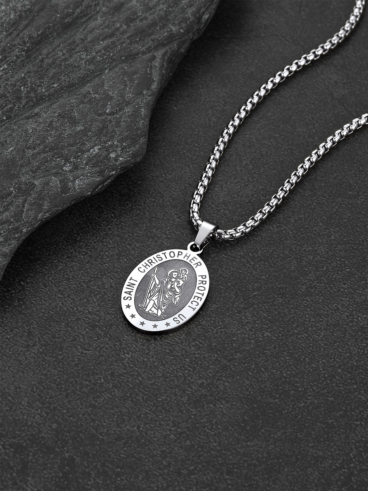 Saint Christopher Pendant Oval Medal Necklace in Stainless Plated