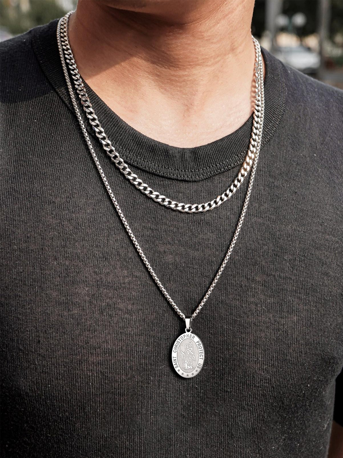 Saint Christopher Pendant Oval Medal Necklace in Stainless Plated