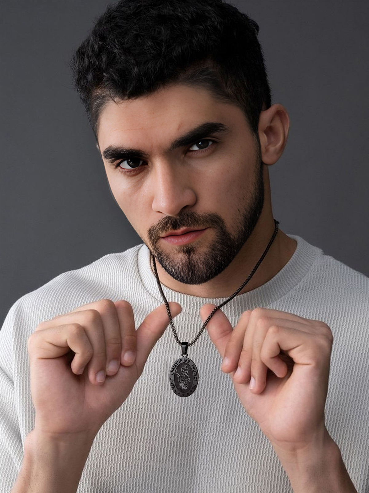 Saint Christopher Pendant Oval Medal Necklace in Black Plated