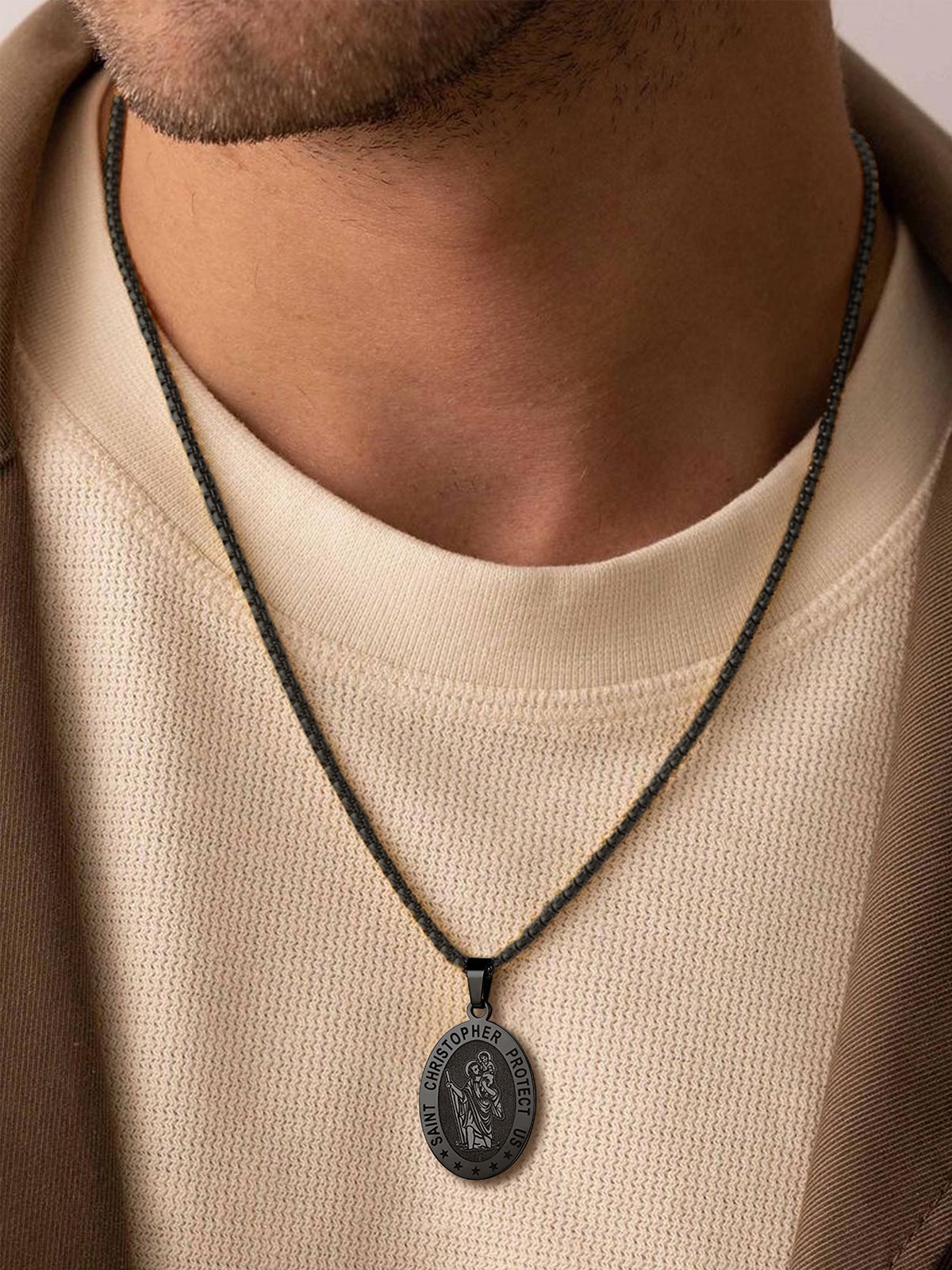 Saint Christopher Pendant Oval Medal Necklace in Black Plated