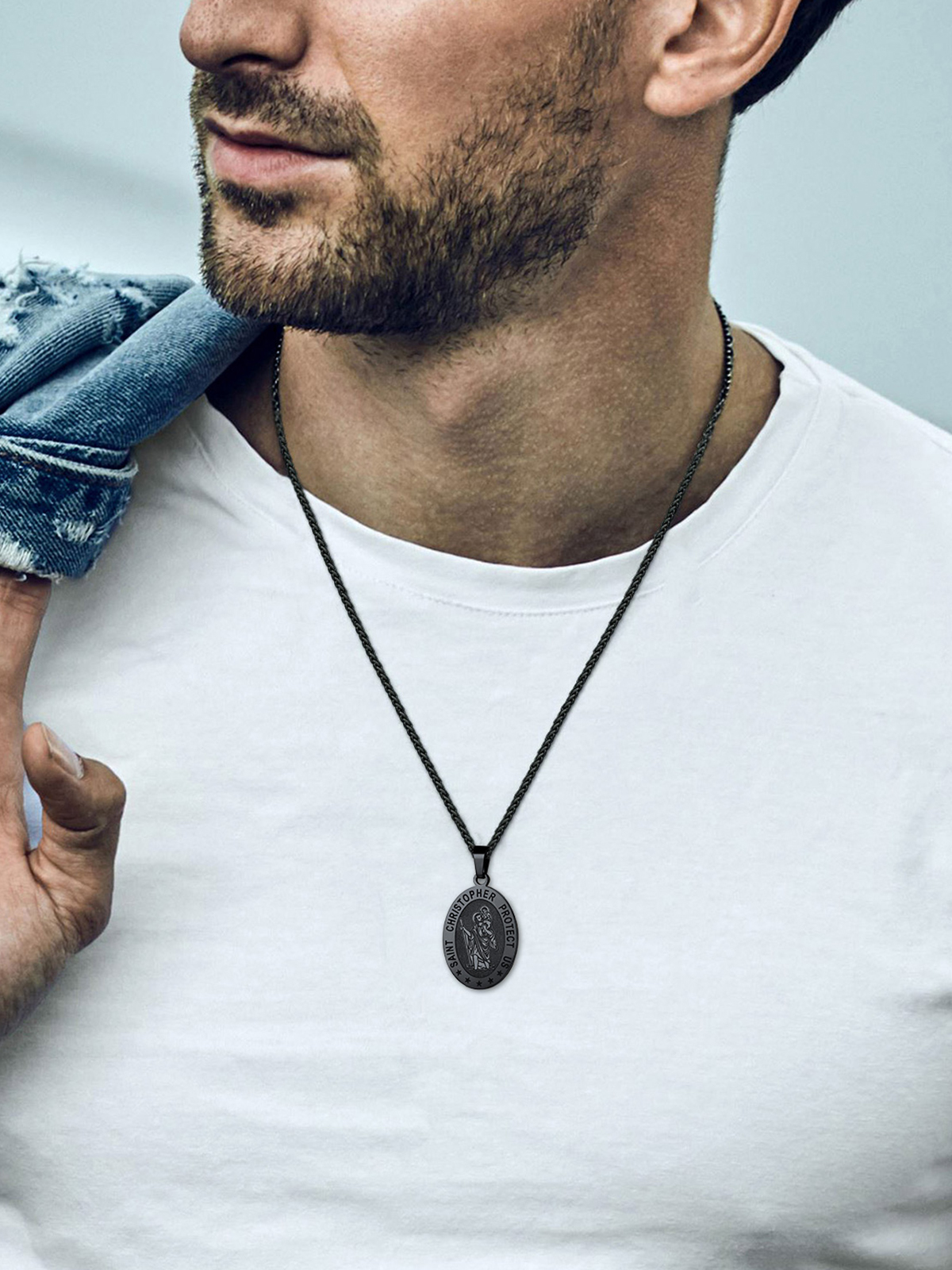 Saint Christopher Pendant Oval Medal Necklace in Black Plated