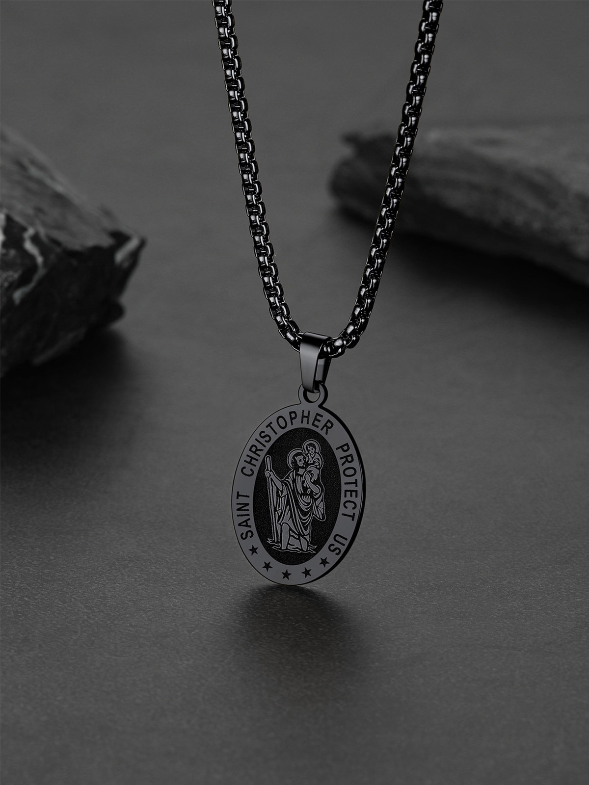 Saint Christopher Pendant Oval Medal Necklace in Black Plated