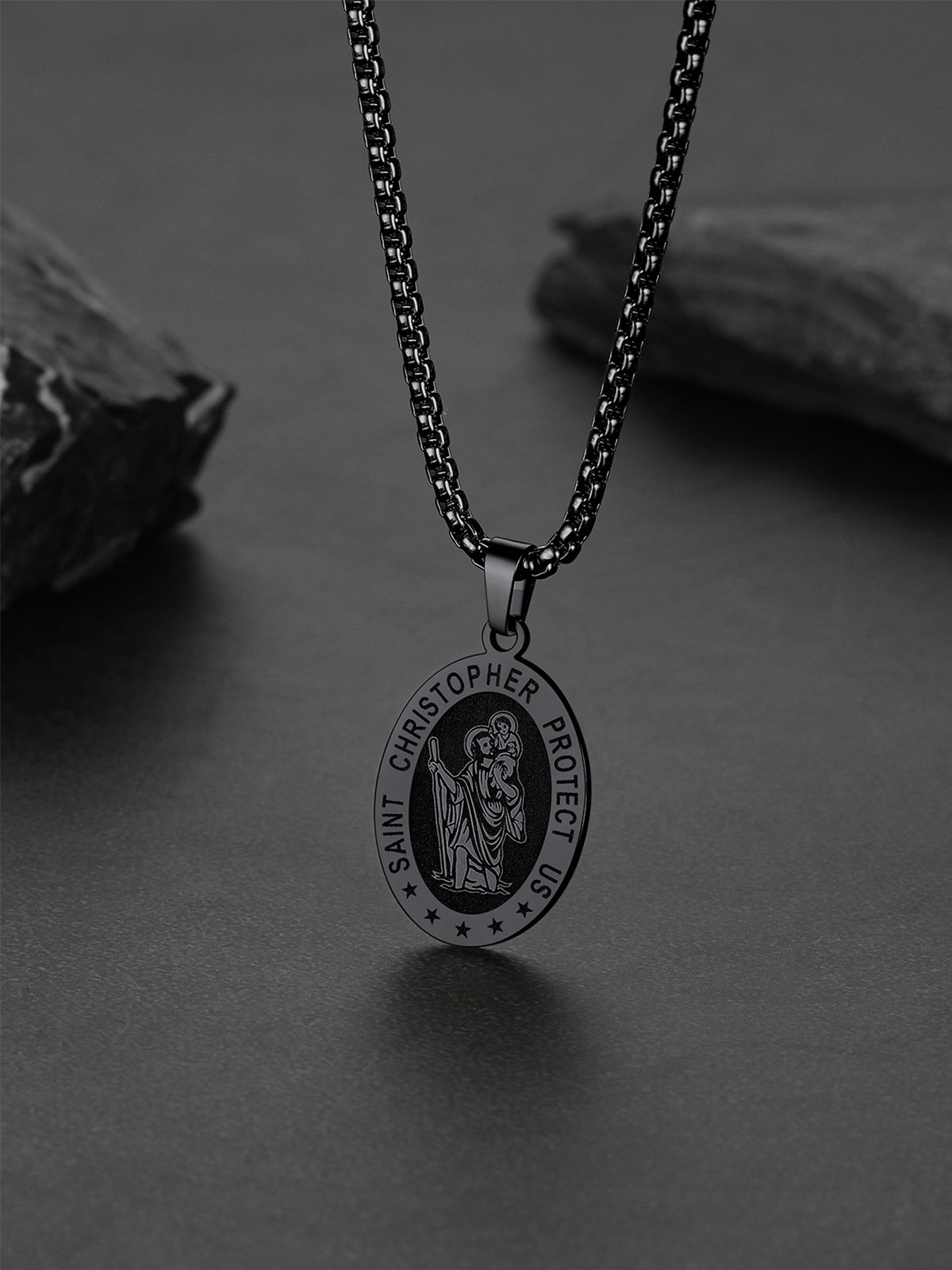 Saint Christopher Pendant Oval Medal Necklace in Black Plated