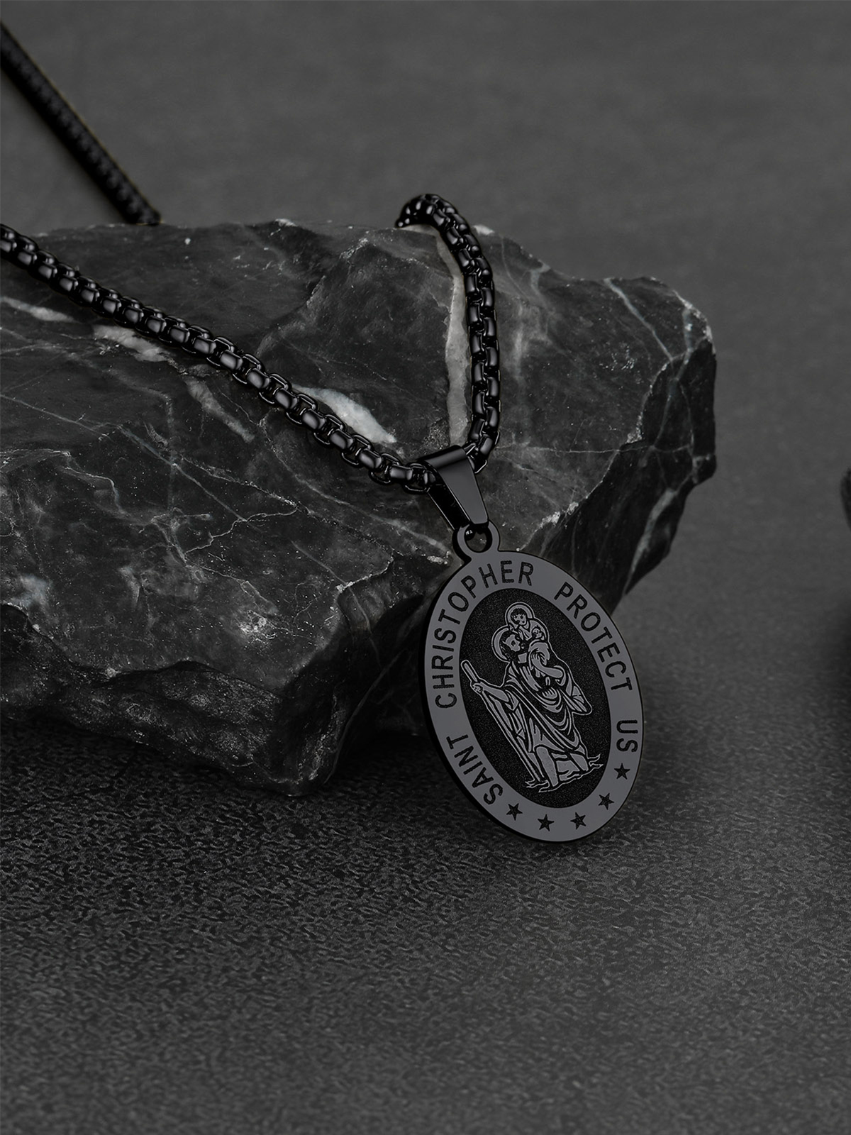 Saint Christopher Pendant Oval Medal Necklace in Black Plated