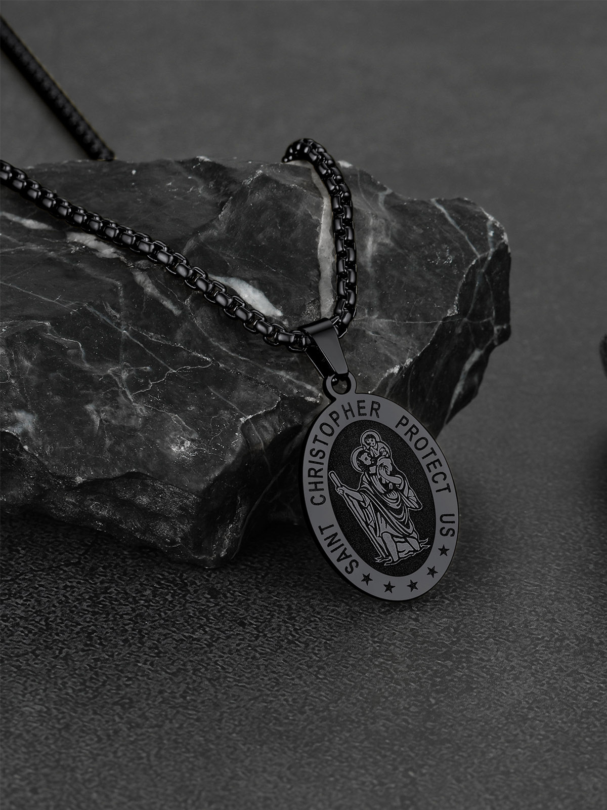 Saint Christopher Pendant Oval Medal Necklace in Black Plated