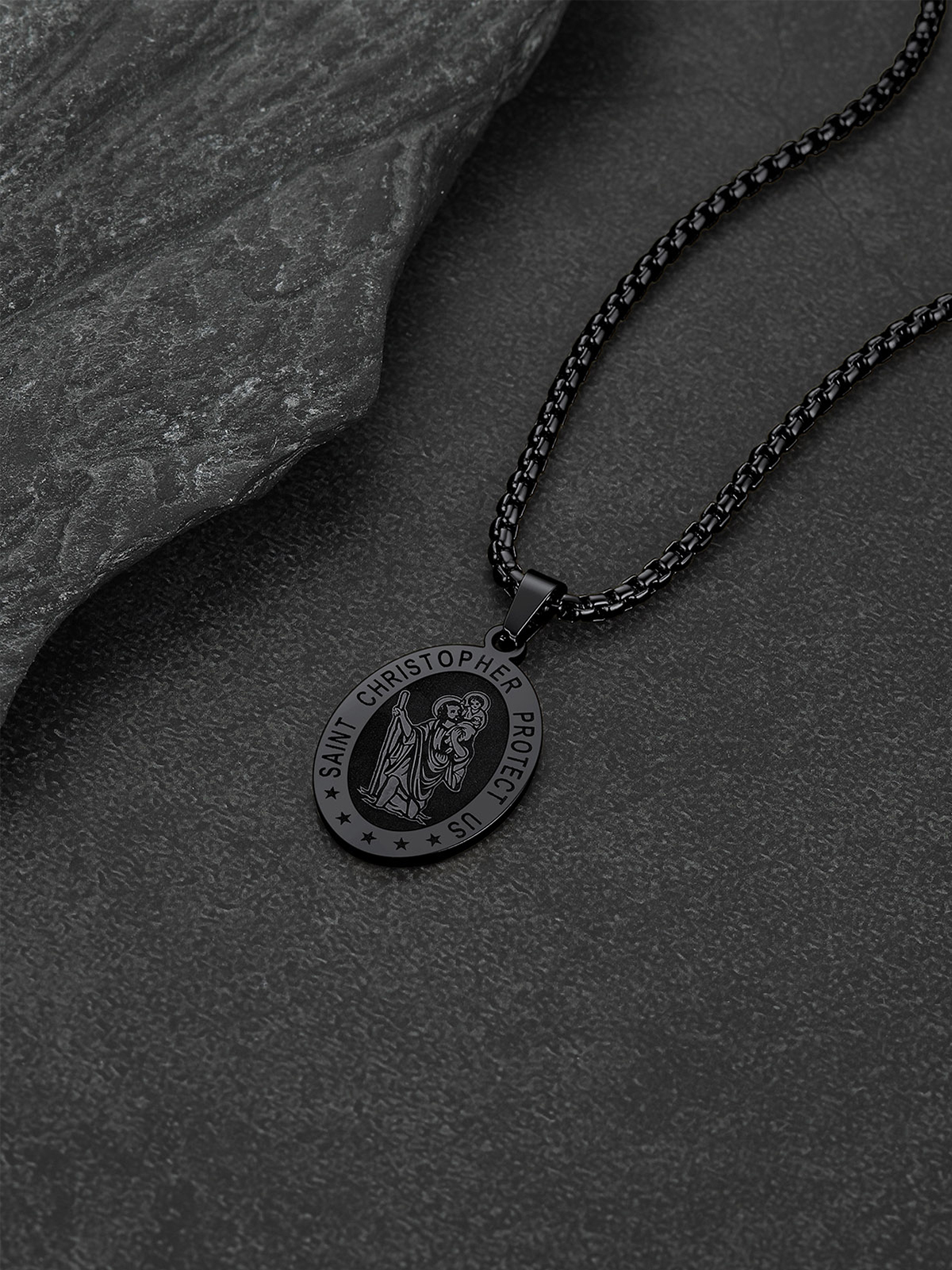 Saint Christopher Pendant Oval Medal Necklace in Black Plated