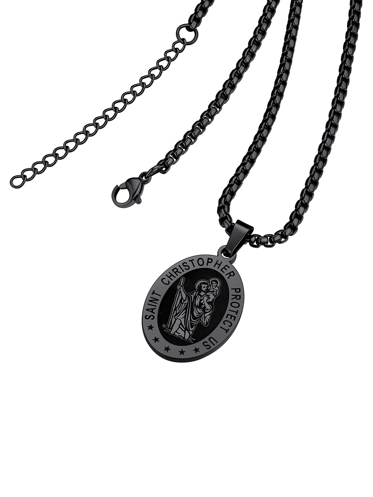 Saint Christopher Pendant Oval Medal Necklace in Black Plated