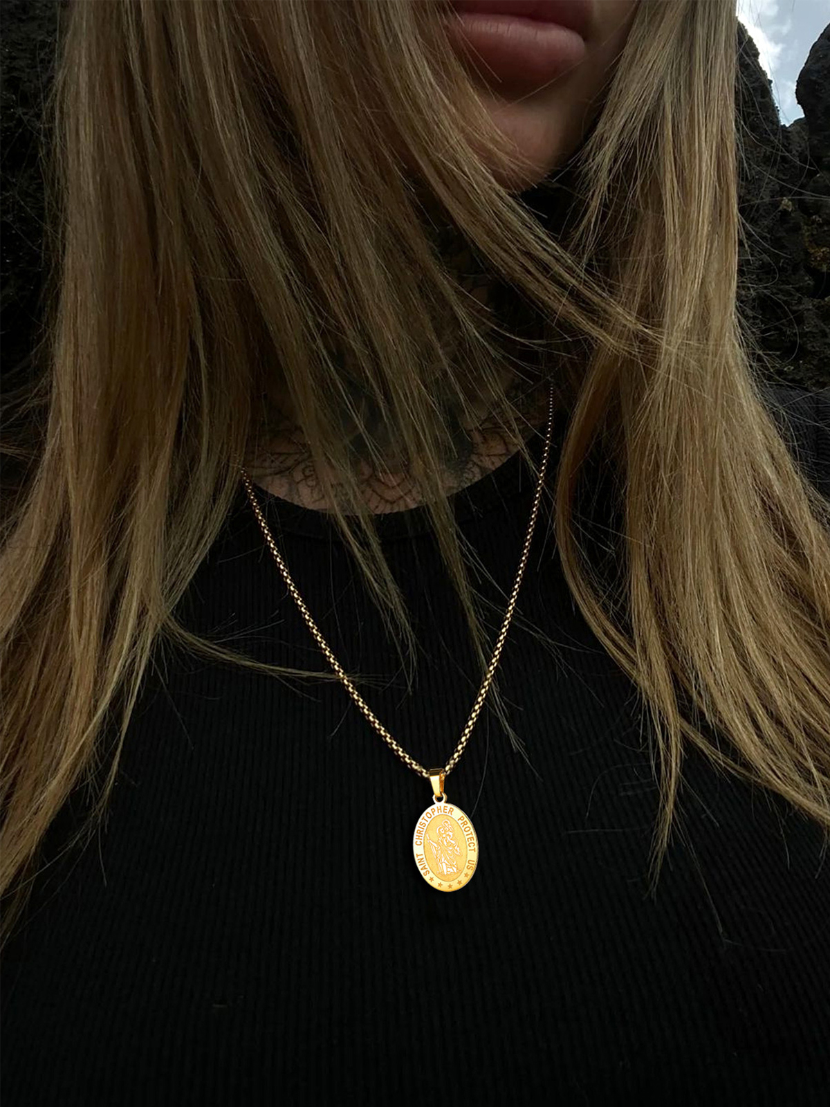 Saint Christopher Pendant Oval Medal Necklace in 18K Gold Plated