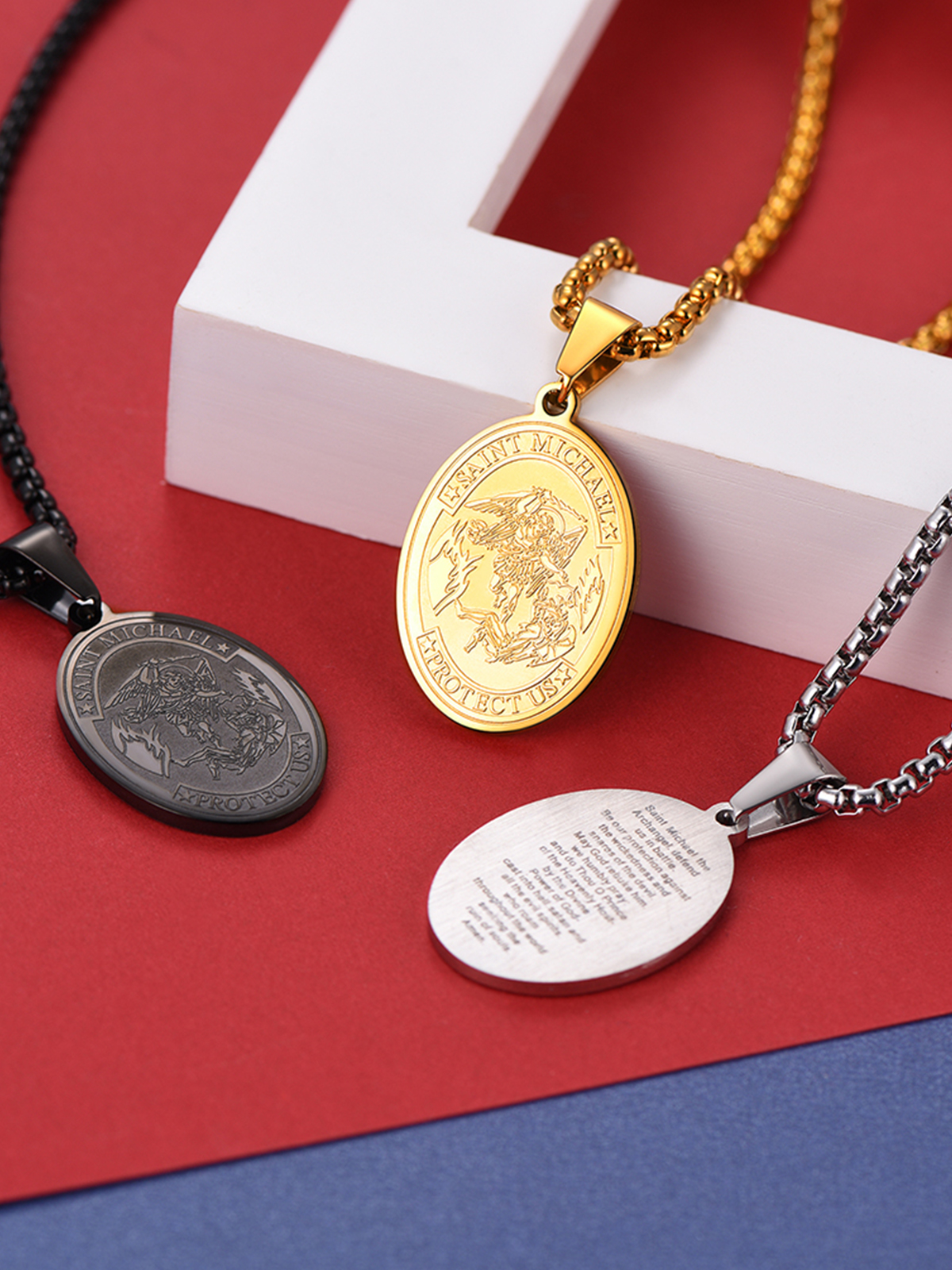 Saint Michael Pendant Bible Verse Protection Necklace in Black Plated
