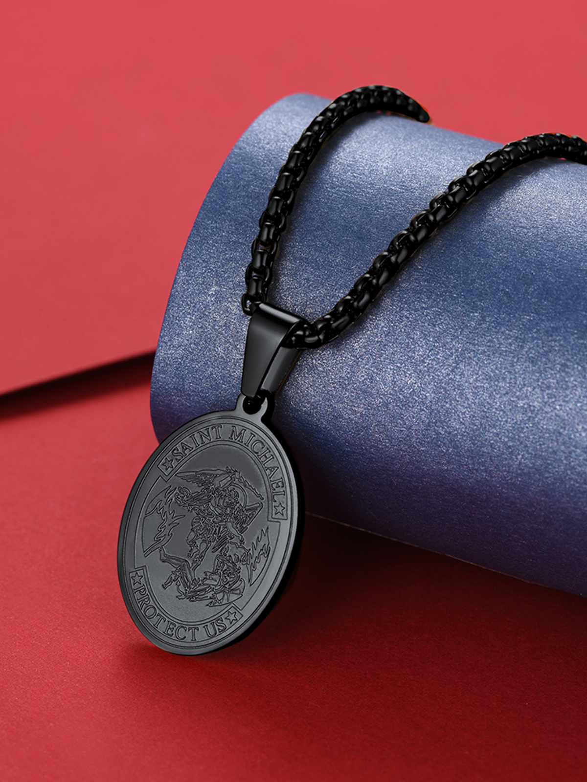 Saint Michael Pendant Bible Verse Protection Necklace in Black Plated