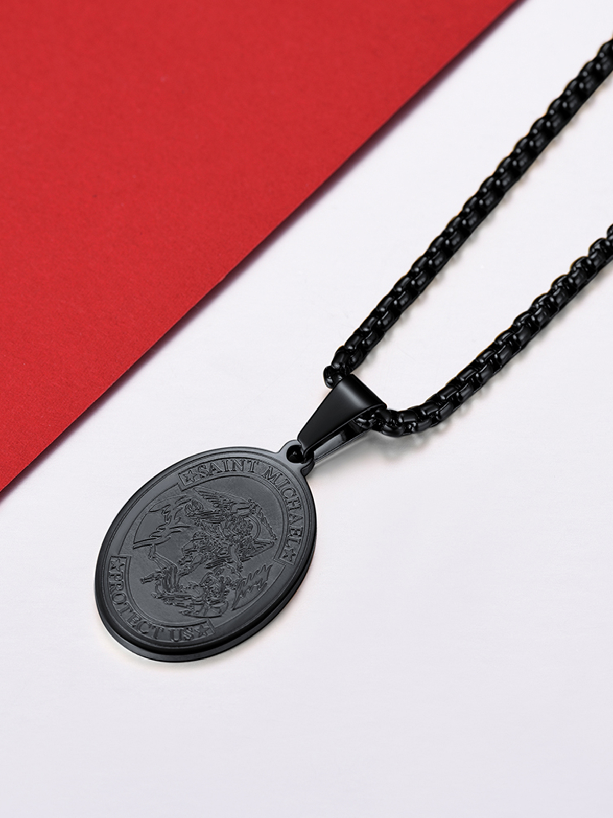 Saint Michael Pendant Bible Verse Protection Necklace in Black Plated