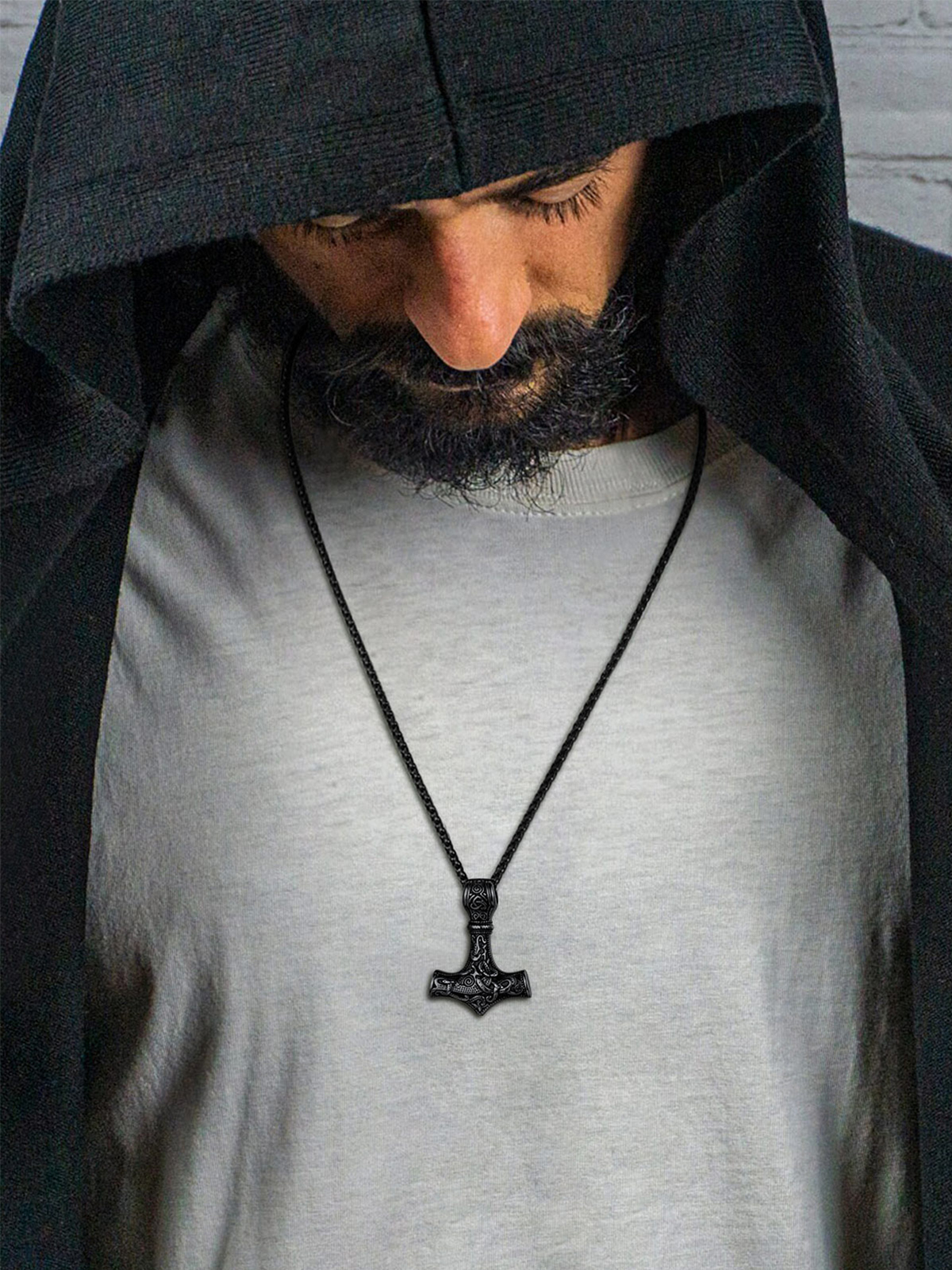 Thor's Hammer Pendant Viking Rune Jewelry Necklace in Black