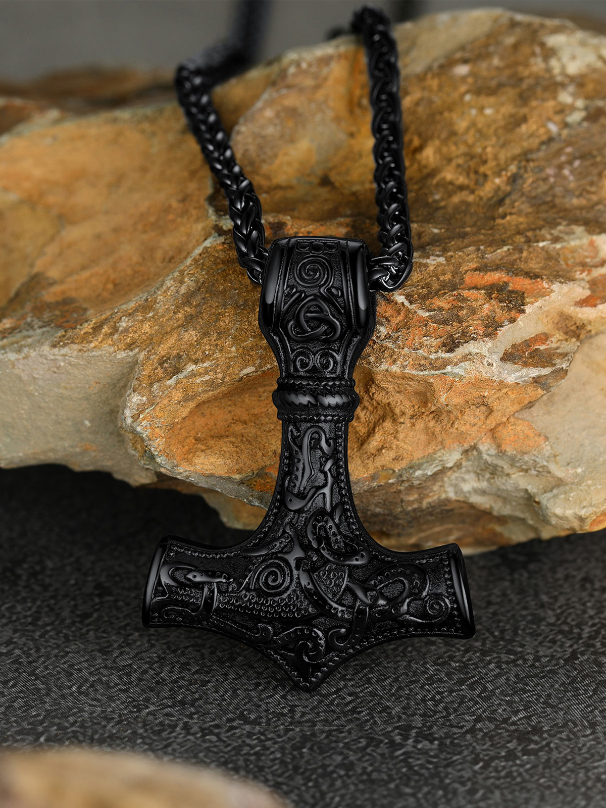 Thor's Hammer Pendant Viking Rune Jewelry Necklace in Black