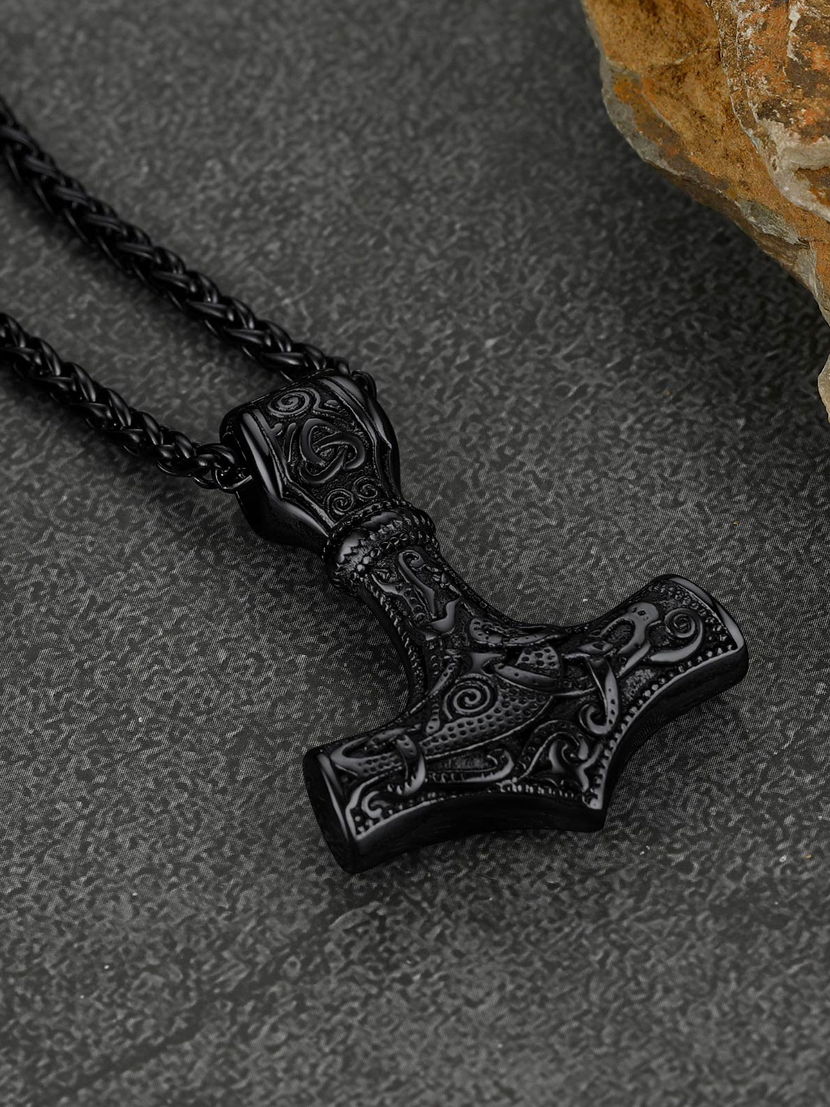 Thor's Hammer Pendant Viking Rune Jewelry Necklace in Black