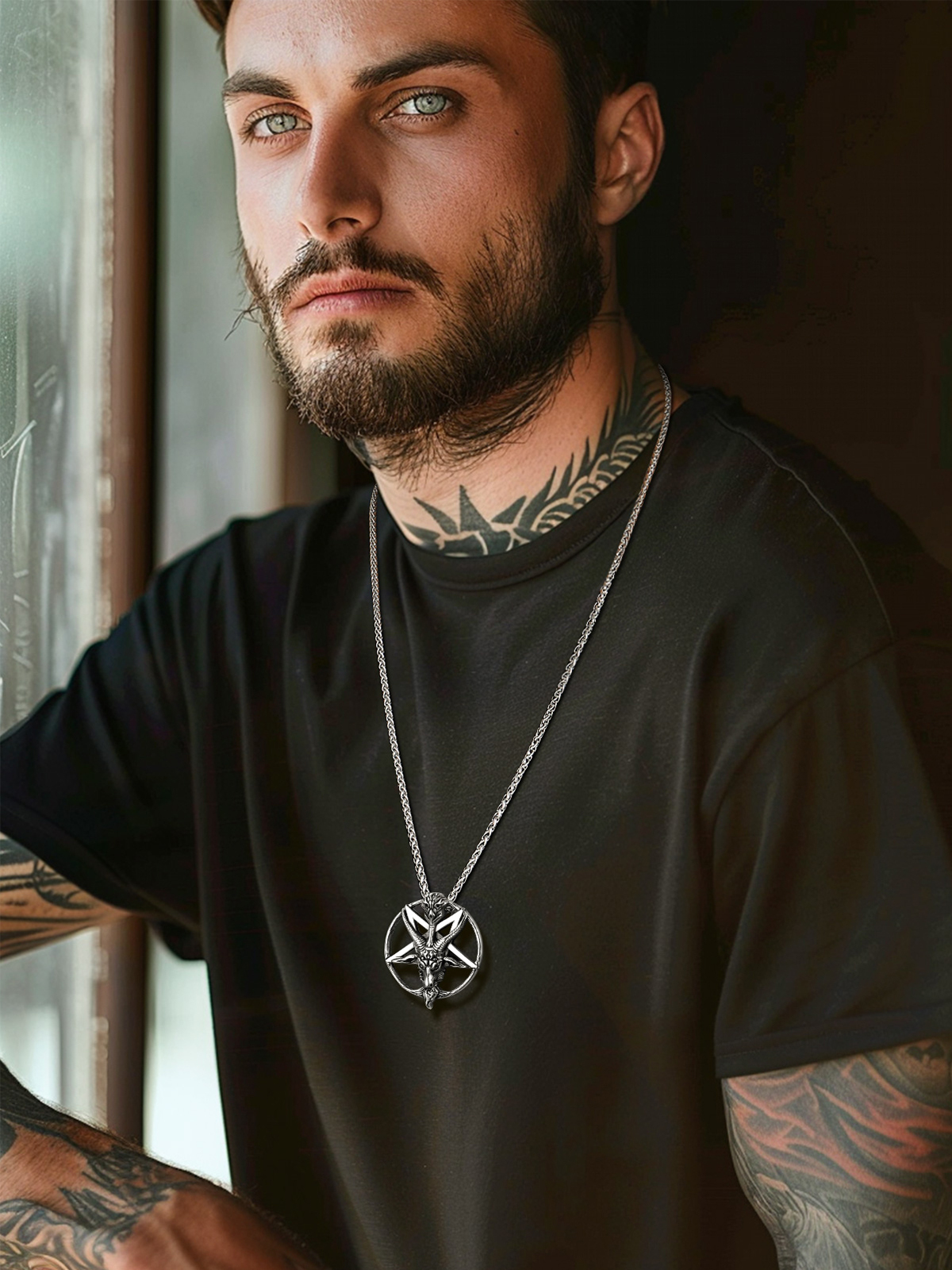 Baphomet Goat Pendant Inverted Pentagram Necklace in Stainless