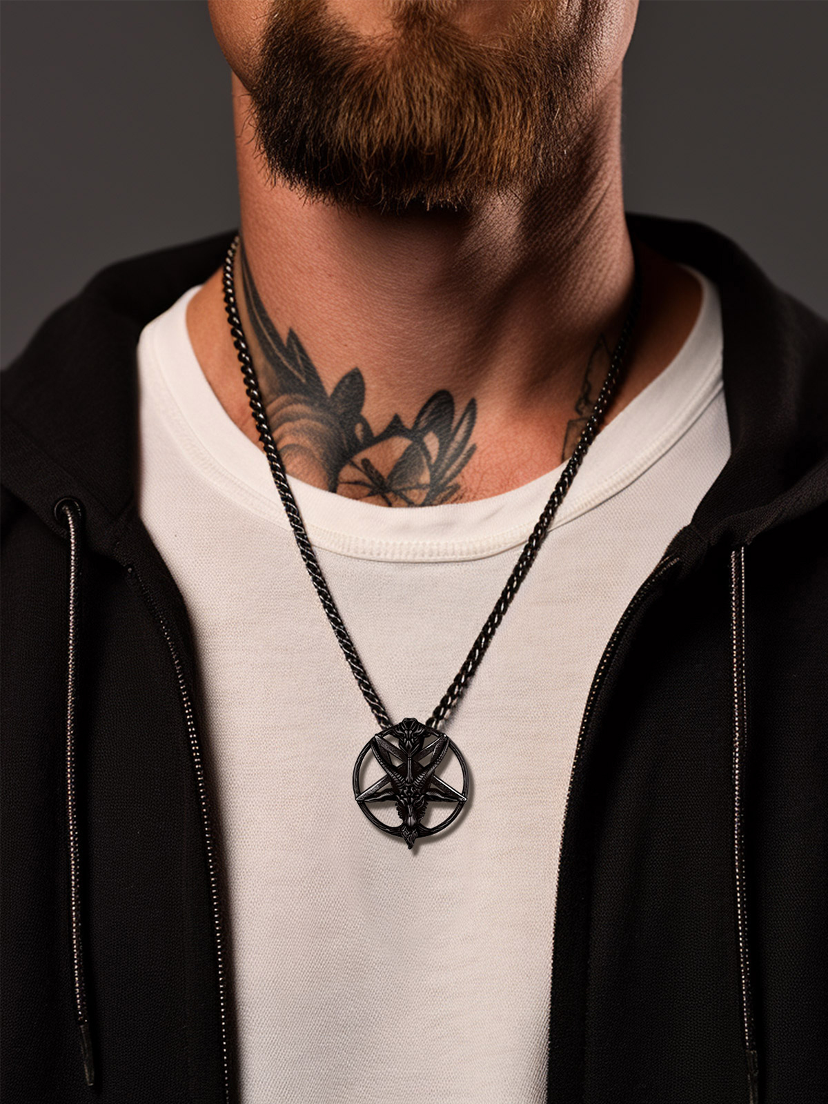 Baphomet Goat Pendant Inverted Pentagram Necklace in Black