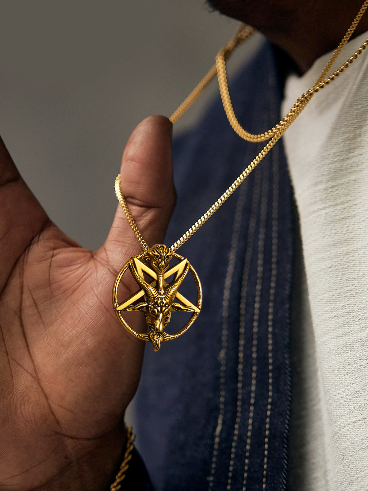 Baphomet Goat Pendant Inverted Pentagram Necklace in 18K Gold