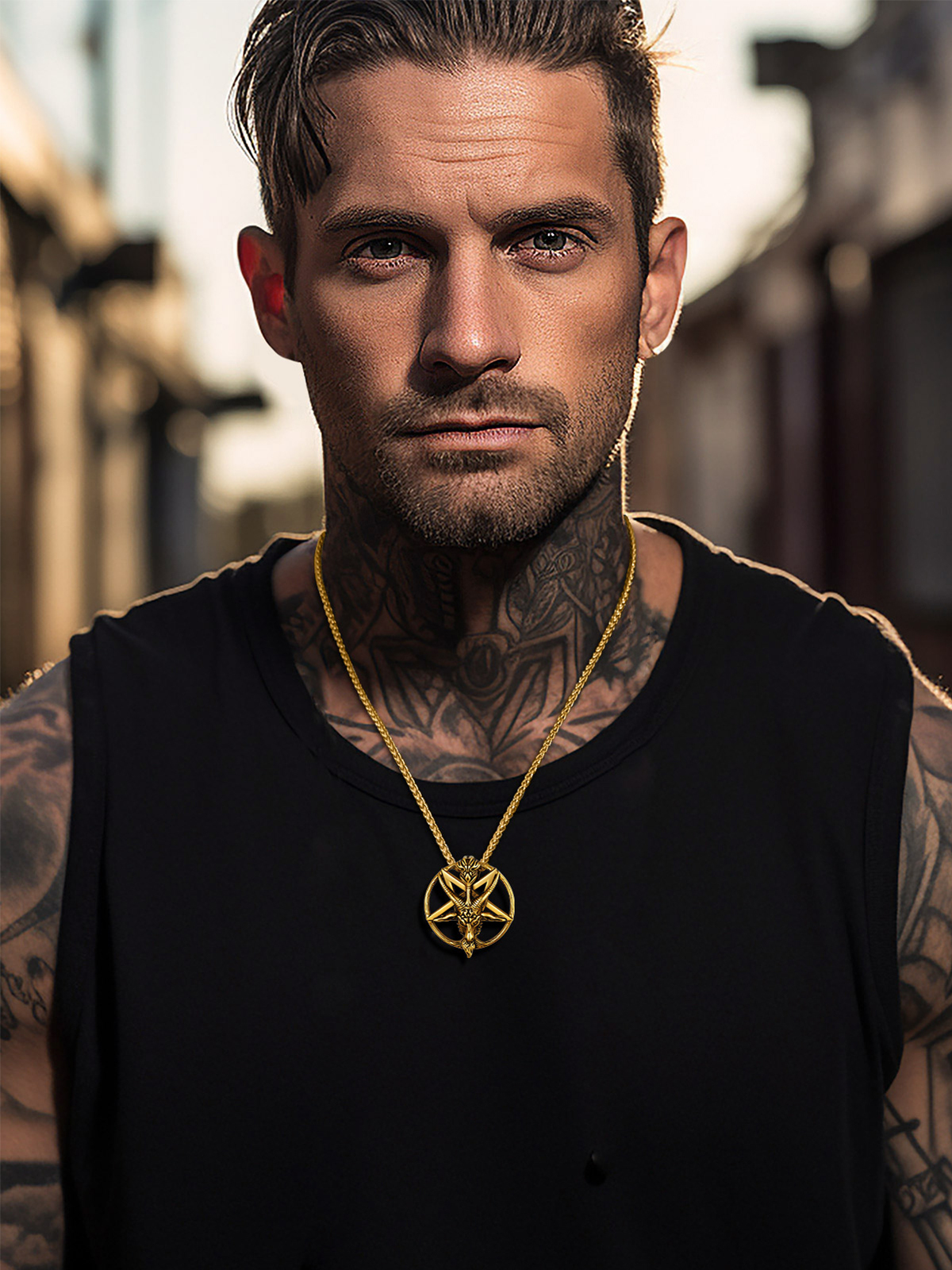 Baphomet Goat Pendant Inverted Pentagram Necklace in 18K Gold