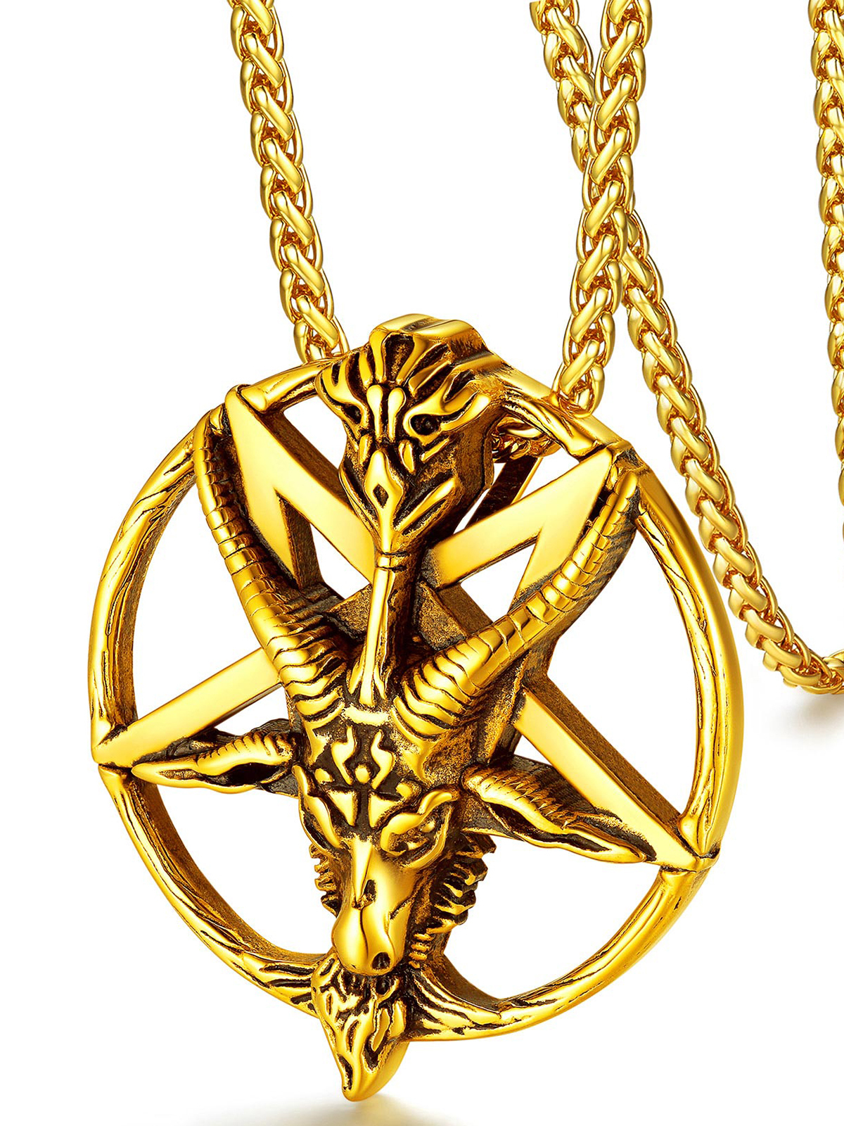 Baphomet Goat Pendant Inverted Pentagram Necklace in 18K Gold