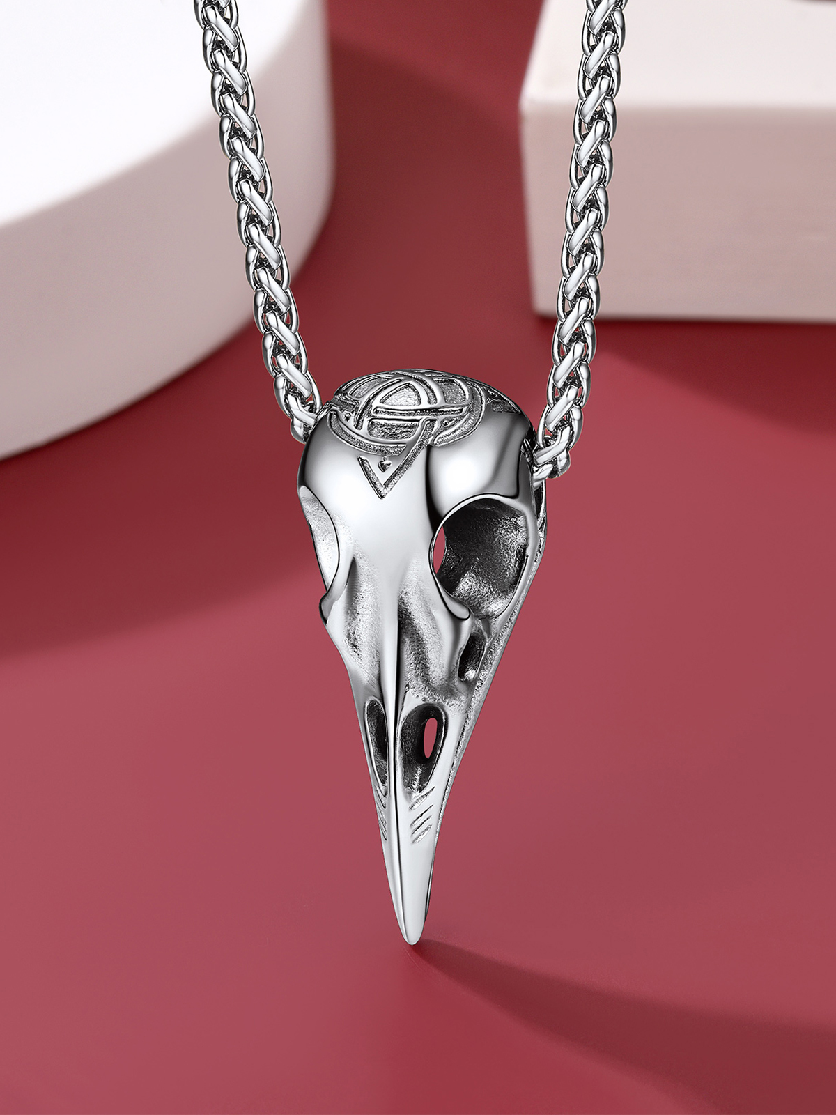 Gothic Raven Skull Pendant Norse Viking Necklace in Stainless