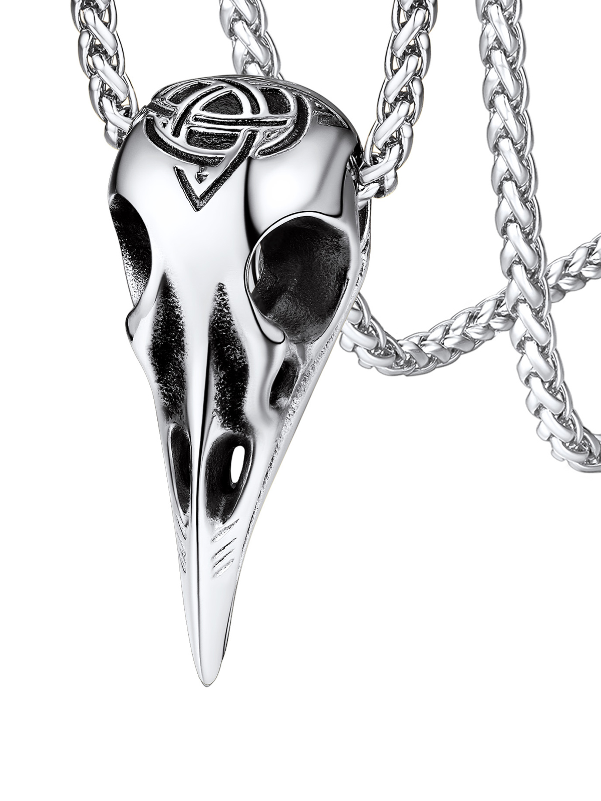 Gothic Raven Skull Pendant Norse Viking Necklace in Stainless