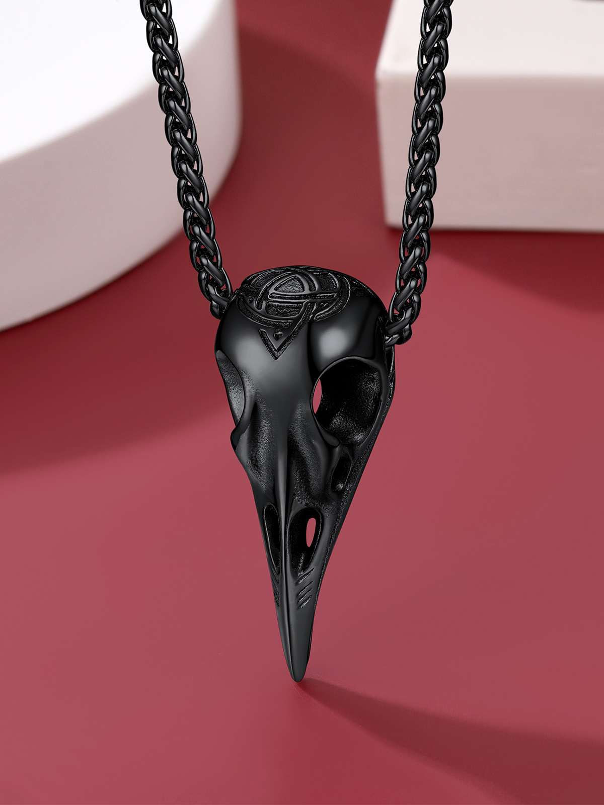 Gothic Raven Skull Pendant Norse Viking Necklace in Black