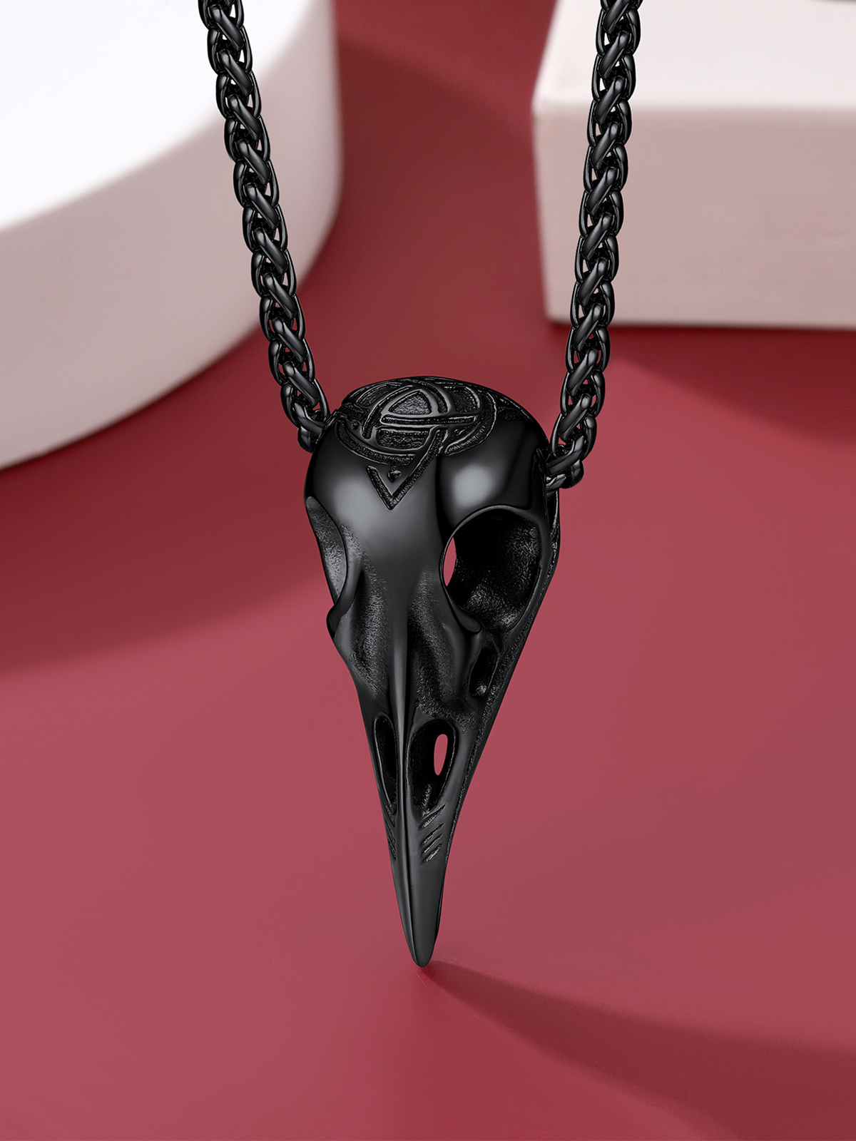 Gothic Raven Skull Pendant Norse Viking Necklace in Black