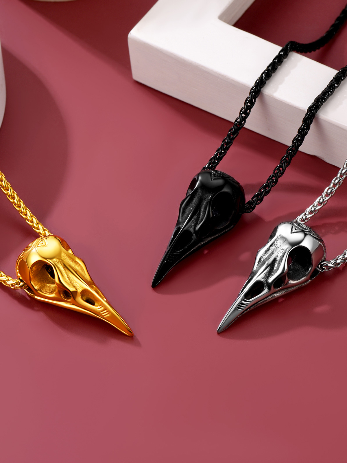 Gothic Raven Skull Pendant Norse Viking Necklace in Black
