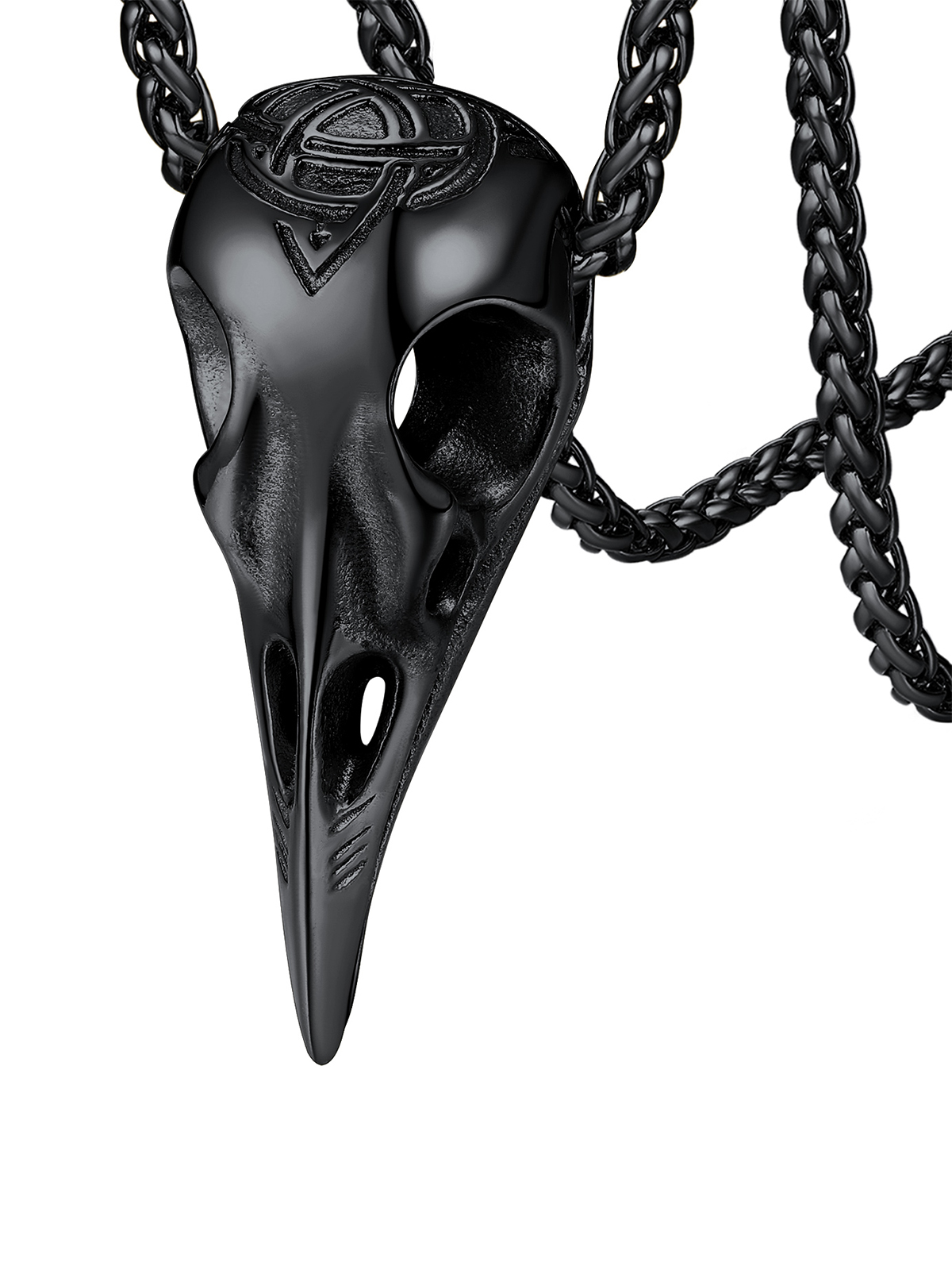 Gothic Raven Skull Pendant Norse Viking Necklace in Black