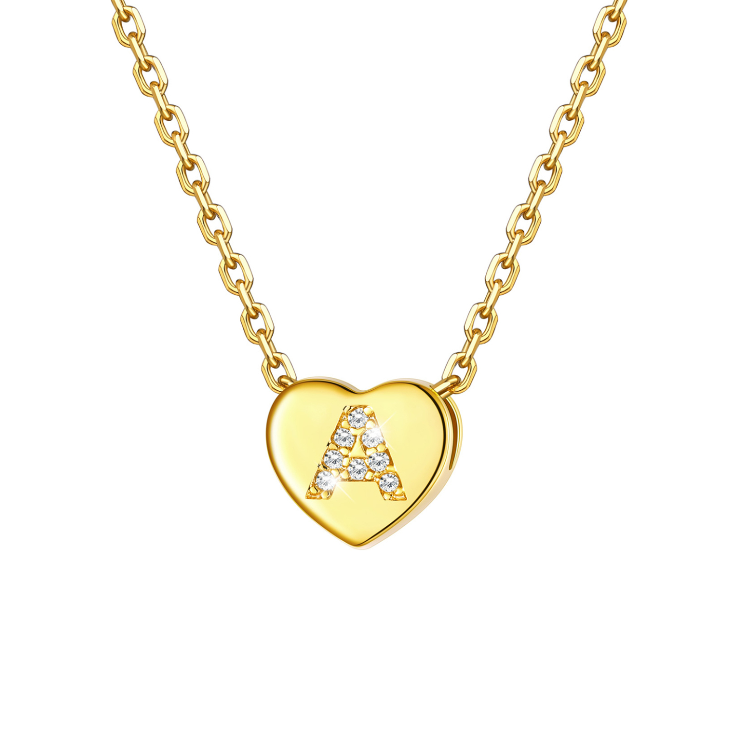 Tiny Heart Initial Necklace with CZ in 14K Gold Plated-A
