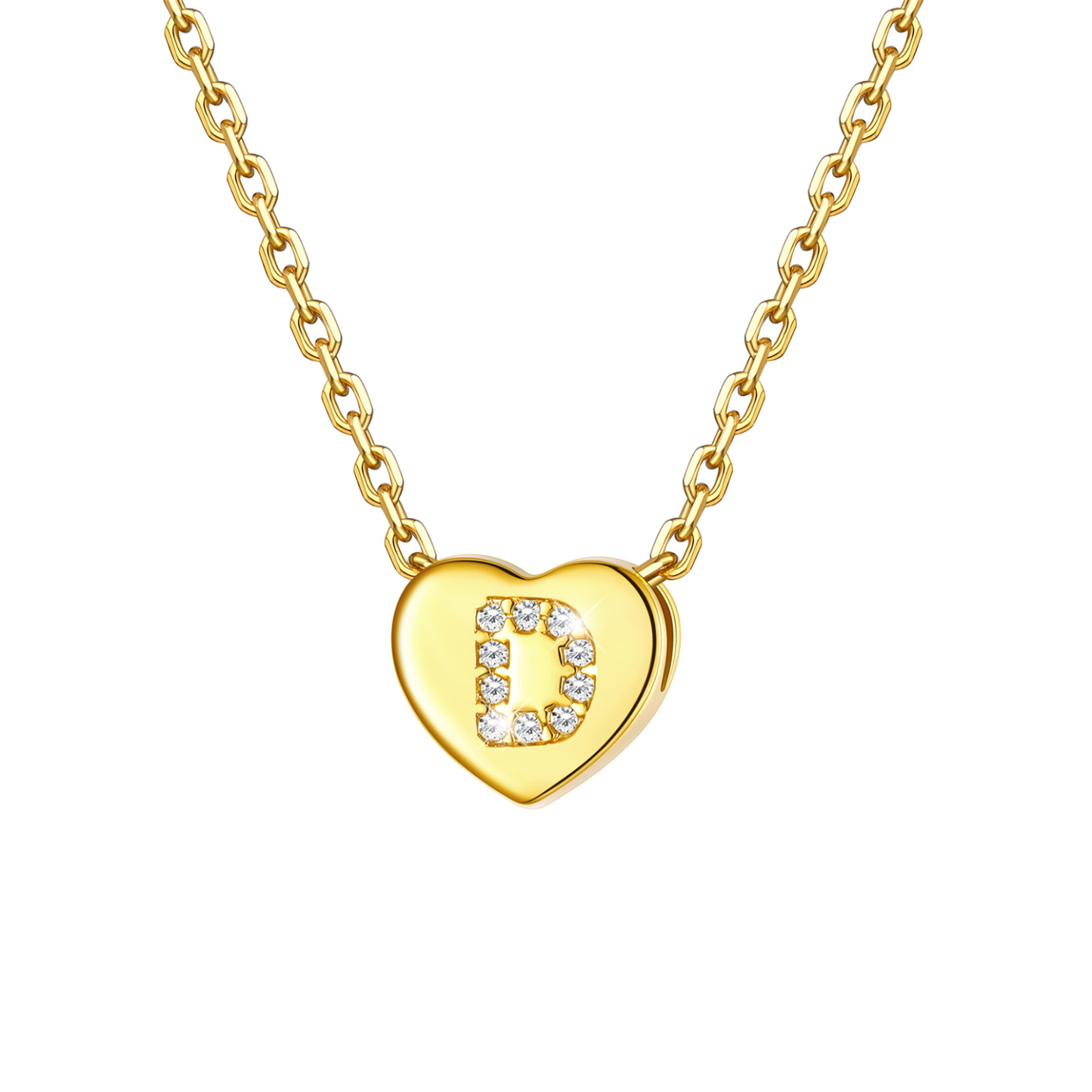 Tiny Heart Initial Necklace with CZ in 14K Gold Plated-D