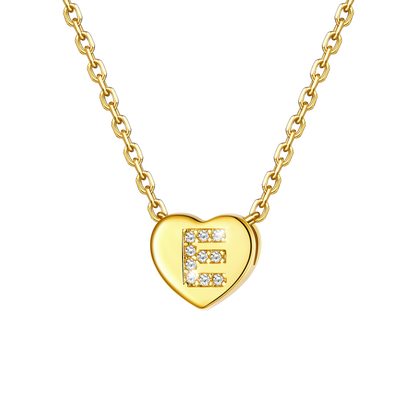 Tiny Heart Initial Necklace with CZ in 14K Gold Plated-E