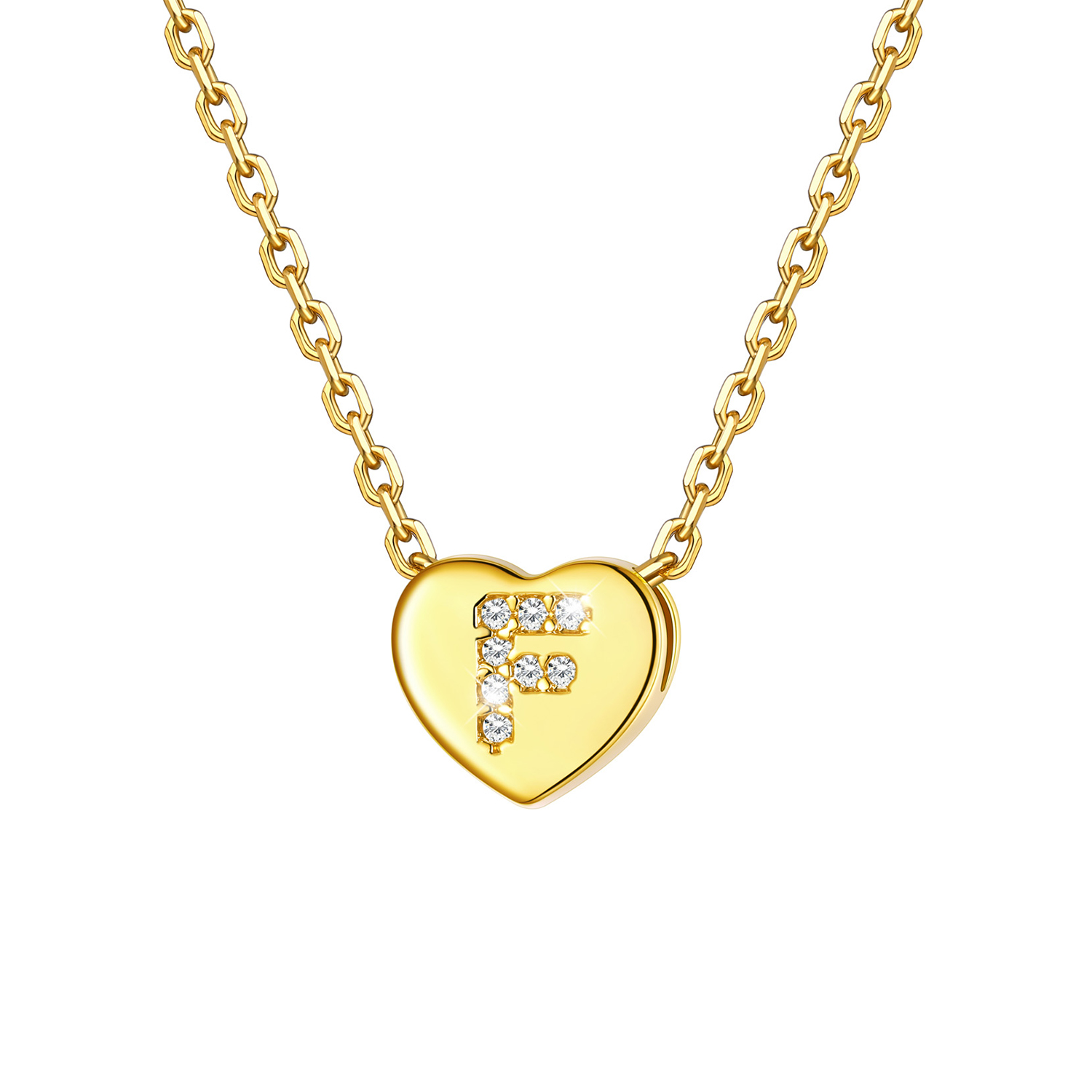 Tiny Heart Initial Necklace with CZ in 14K Gold Plated-F
